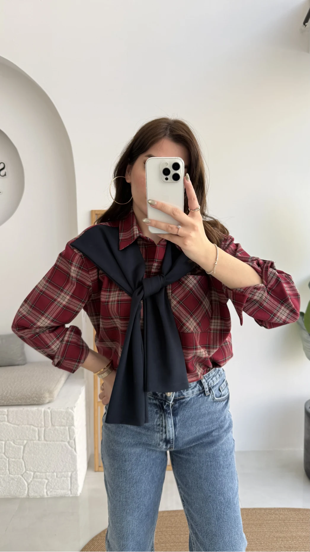 Juniper Ekose Desenli Bağlama Detaylı Oduncu Gömlek - Bordo