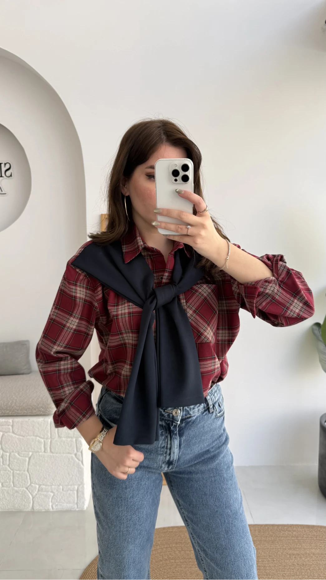 Juniper Ekose Desenli Bağlama Detaylı Oduncu Gömlek - Bordo