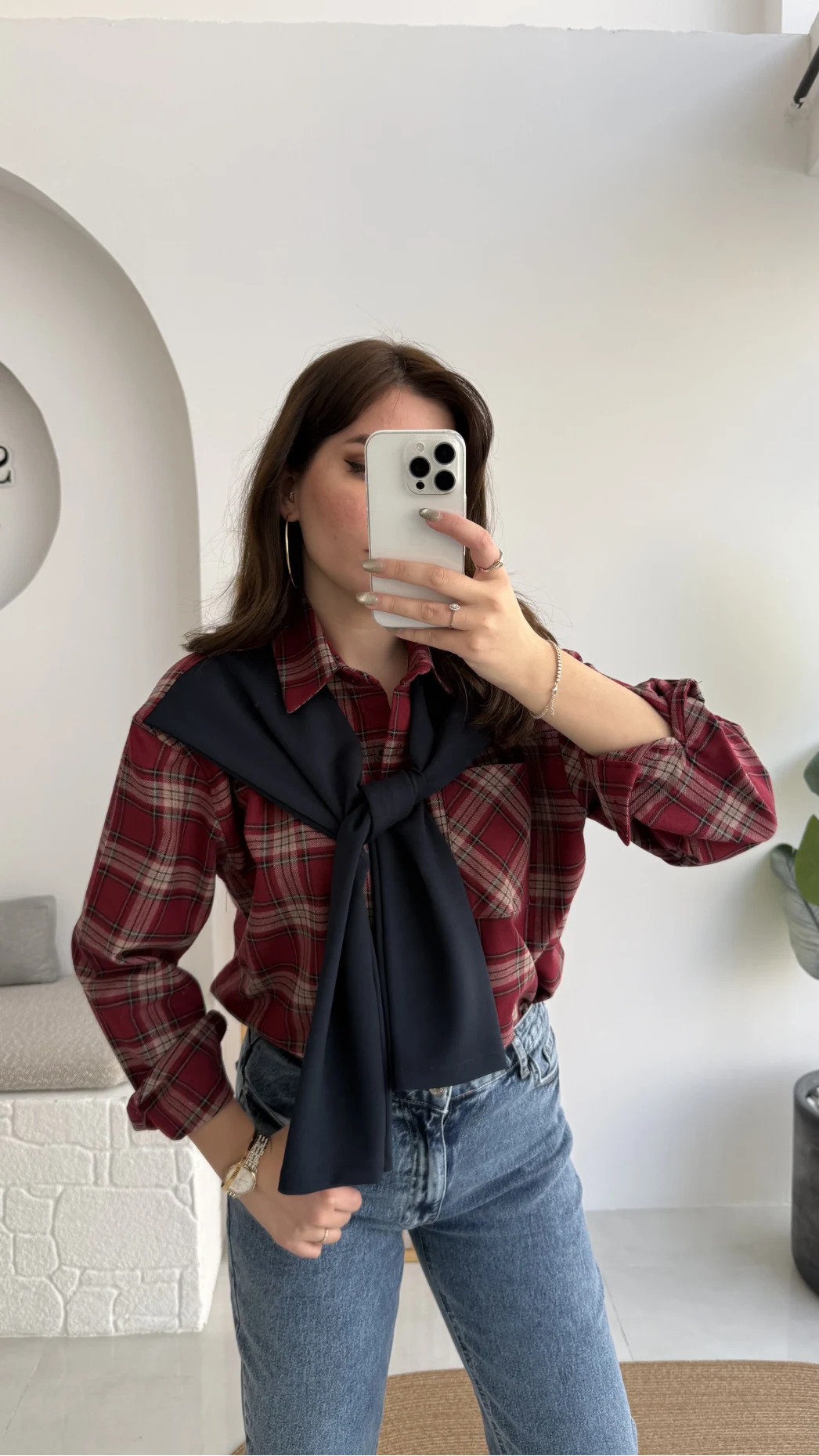 Juniper Ekose Desenli Bağlama Detaylı Oduncu Gömlek - Bordo