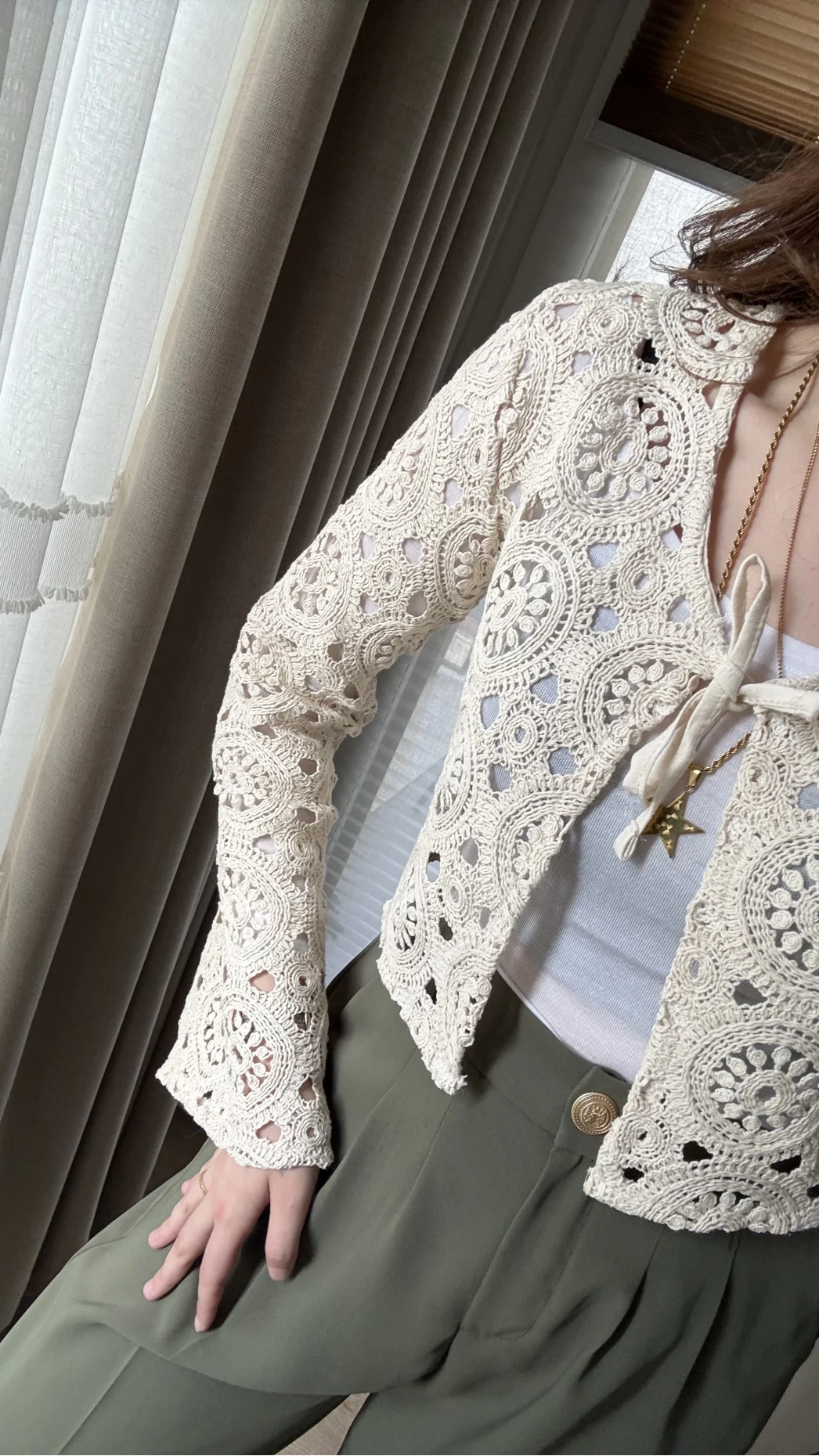 Jüt Desenli Hırka Krem