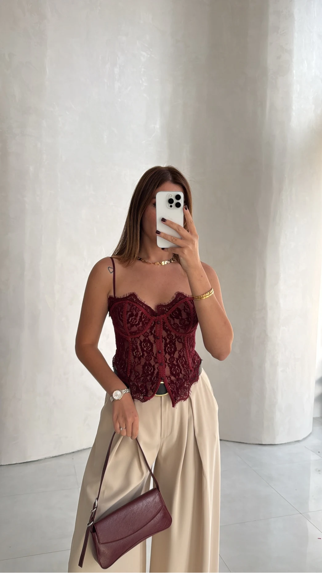 Kadife Dantel Detay Askılı Korse - Bordo