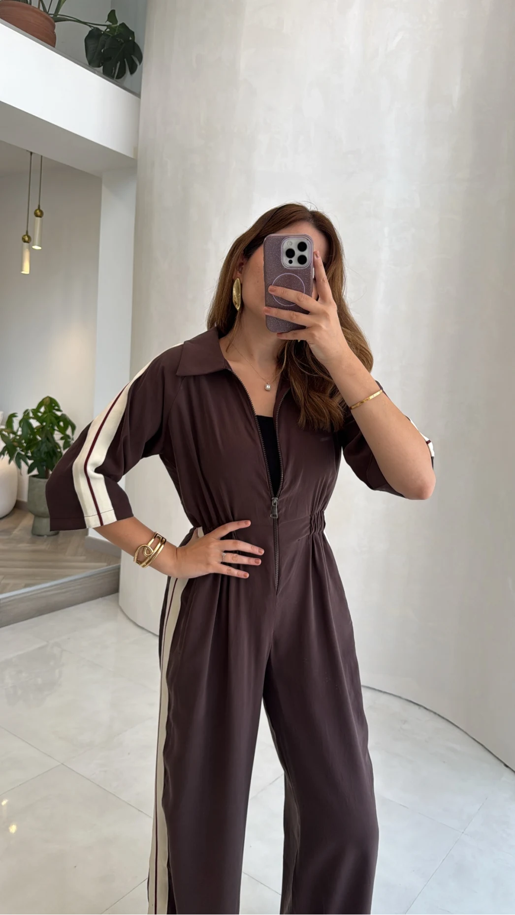 Kahve Modal Beli Lastikli Tulum - Kod: 6112