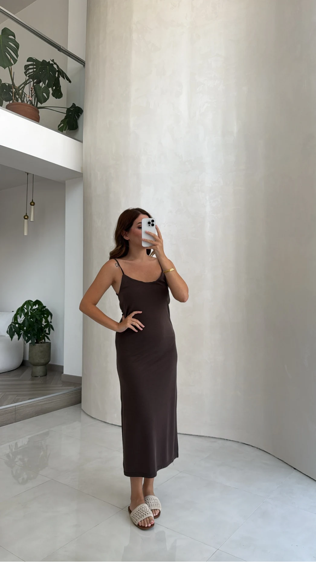 Kahve Oys Askılı Yırtmaç Detay Elbise - Kod: 63941