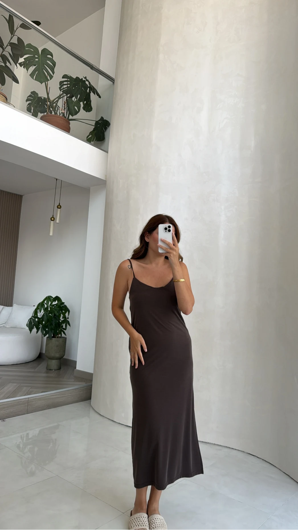 Kahve Oys Askılı Yırtmaç Detay Elbise - Kod: 63941