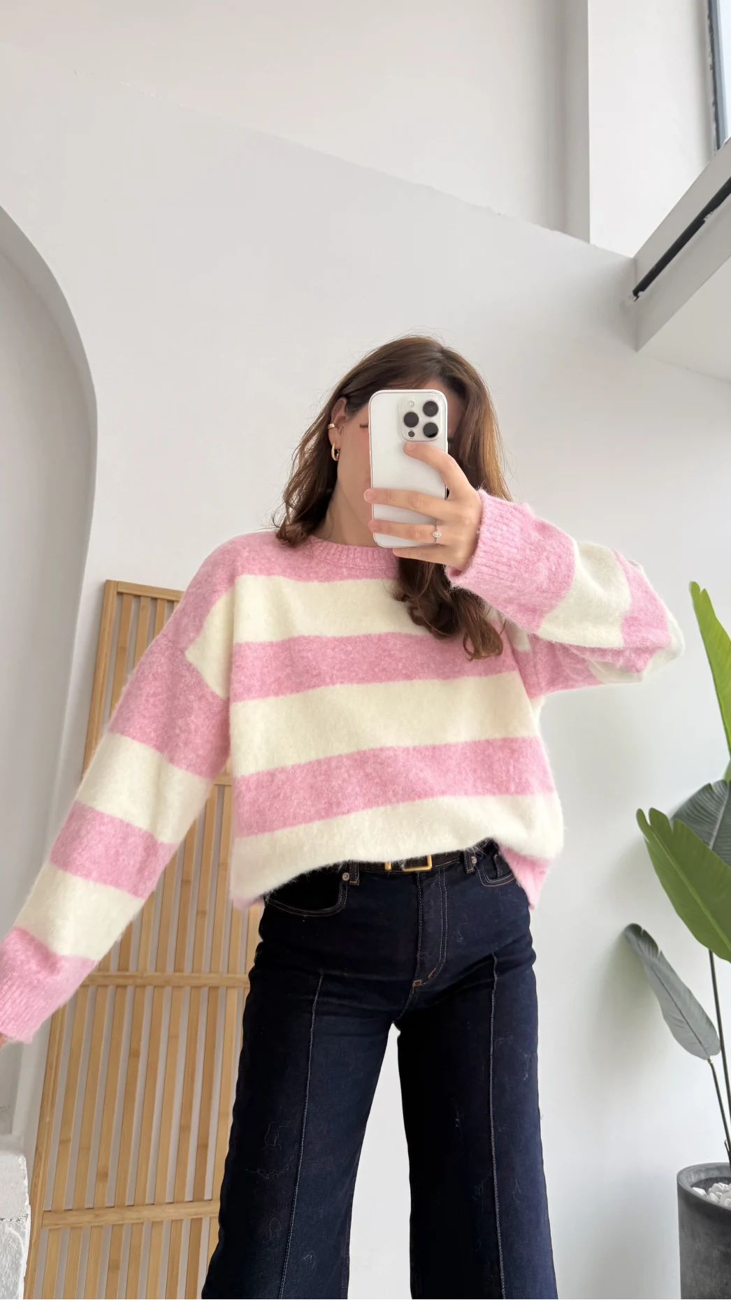 Kalın Çizgili Kazak - Pembe