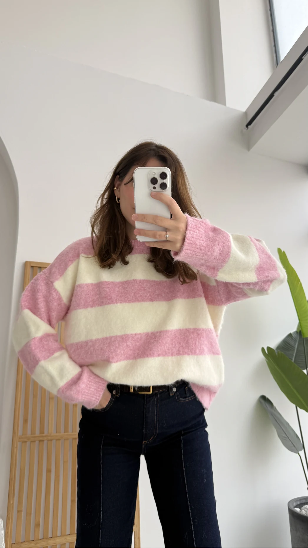 Kalın Çizgili Kazak - Pembe