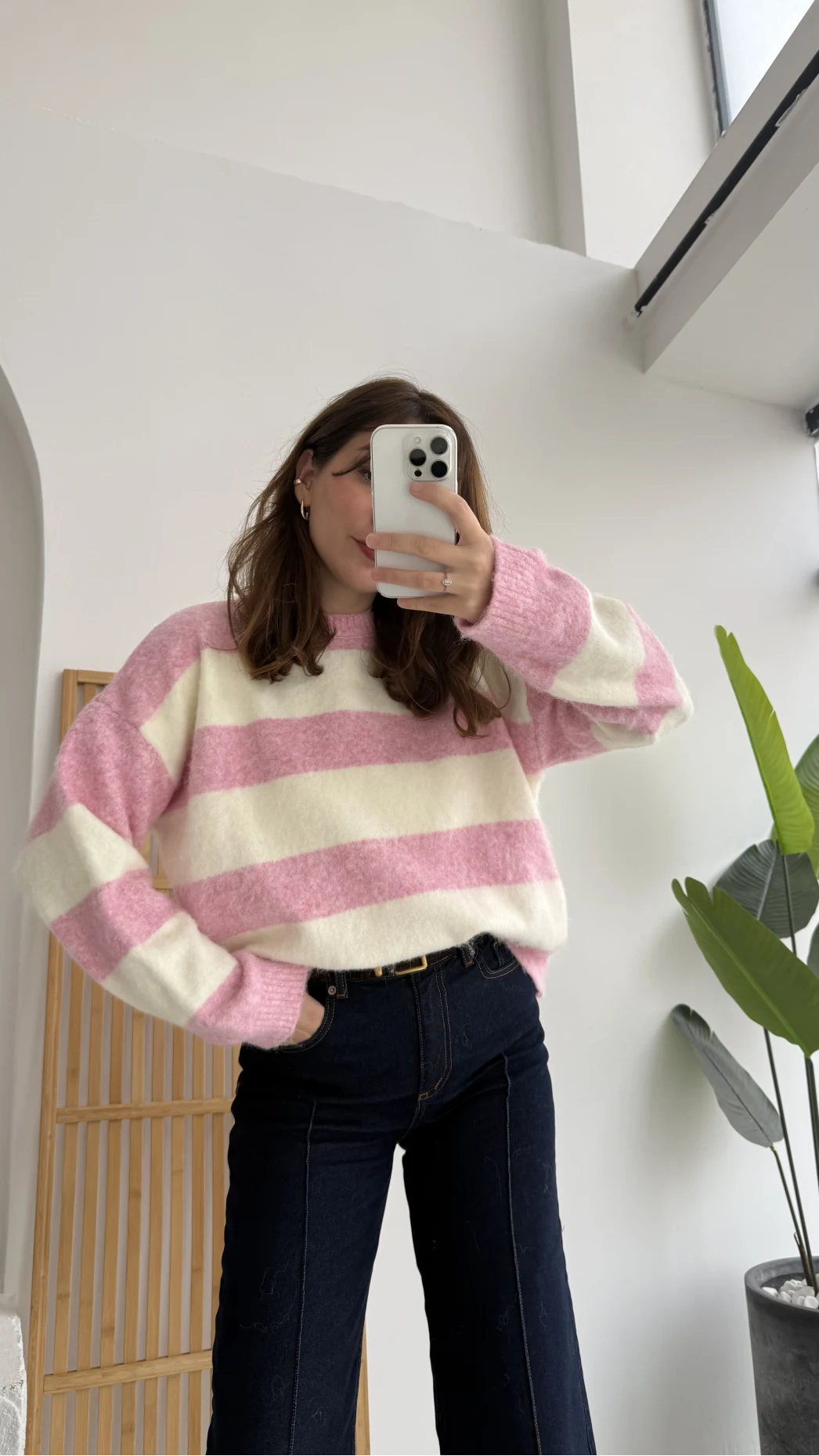 Kalın Çizgili Kazak - Pembe