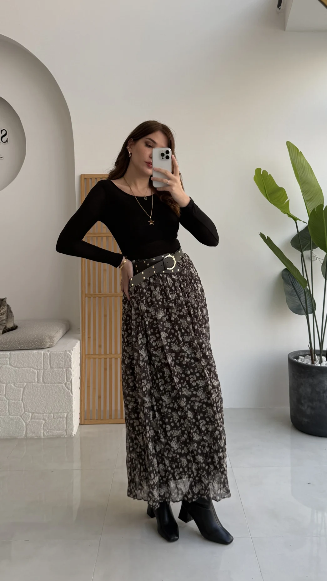 Kalın Kemerli Çiçek Desenli Şifon Etek - Haki