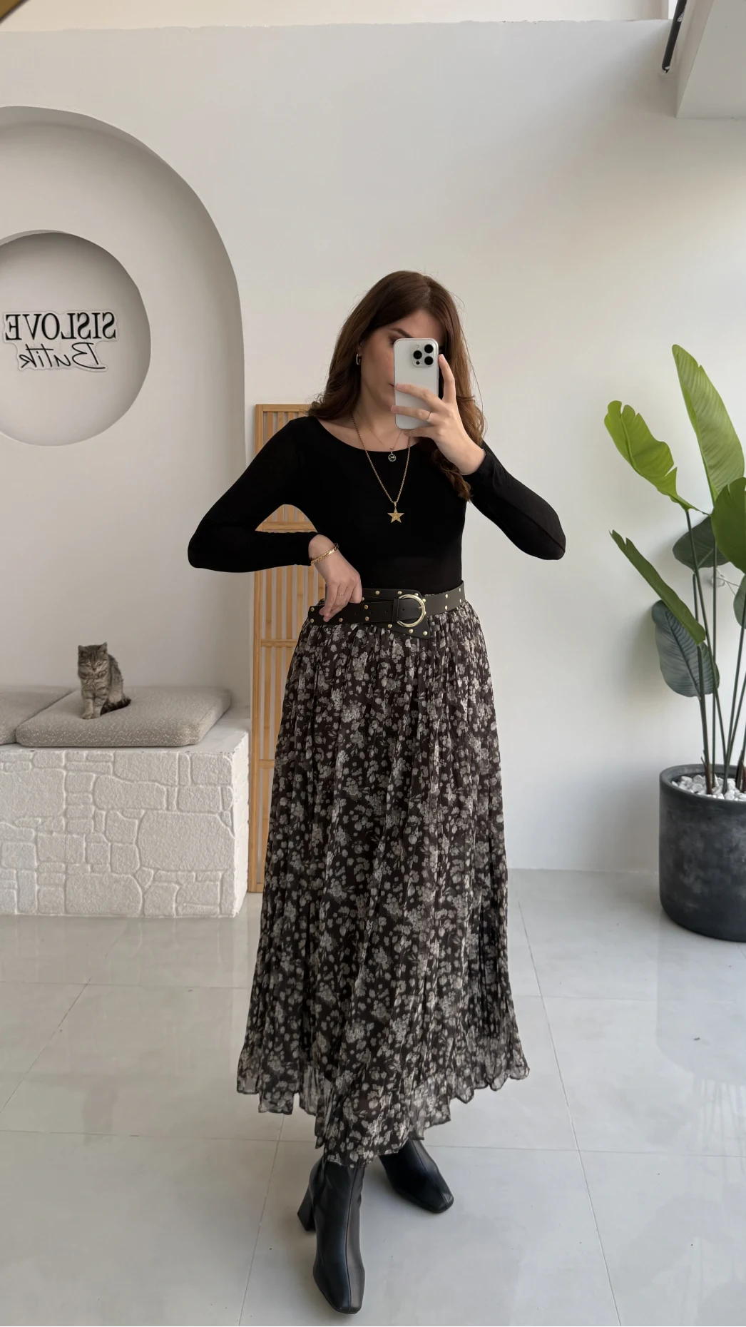 Kalın Kemerli Çiçek Desenli Şifon Etek - Haki