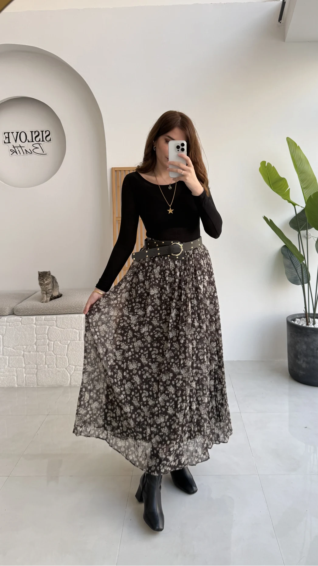 Kalın Kemerli Çiçek Desenli Şifon Etek - Haki