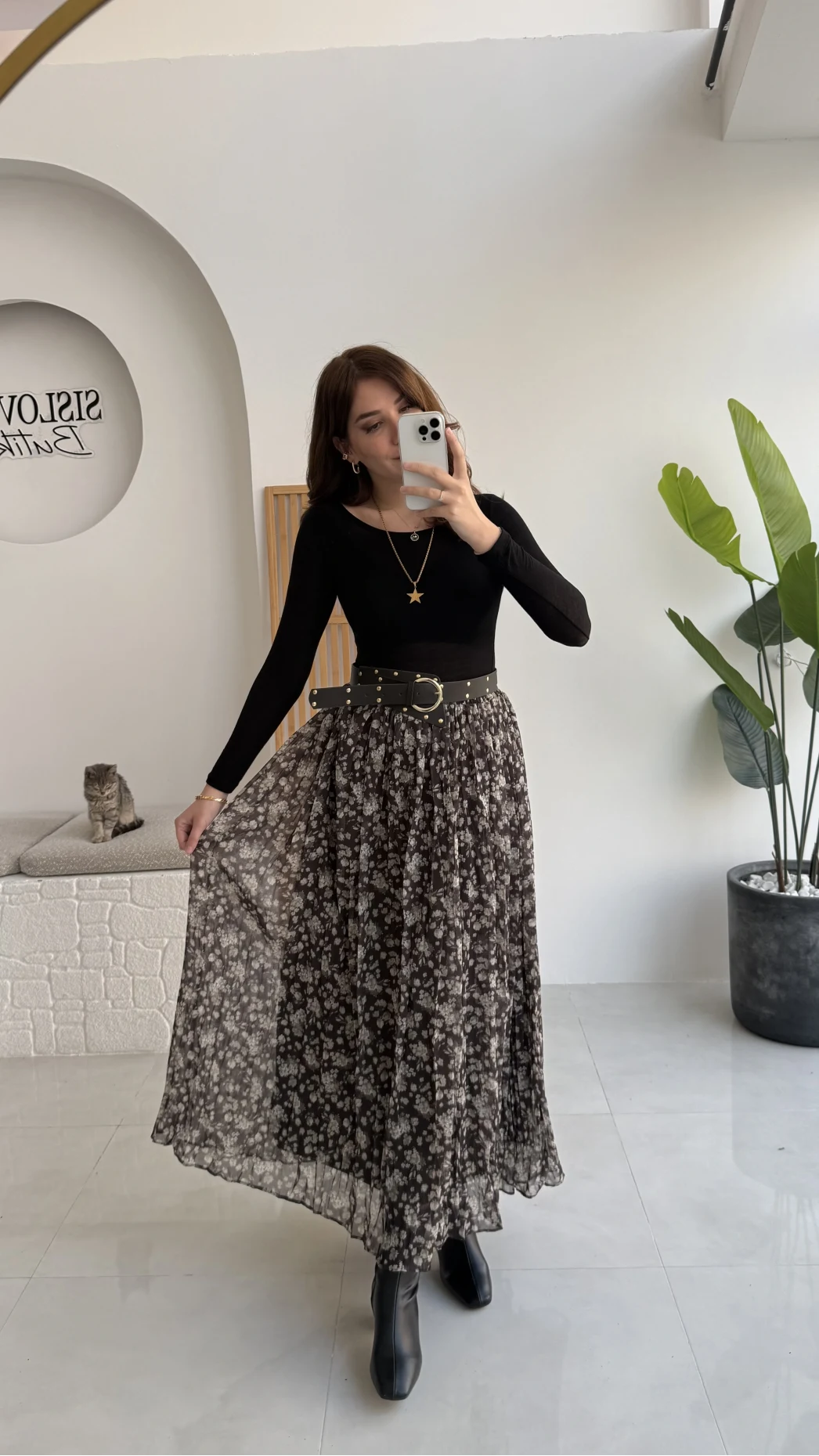 Kalın Kemerli Çiçek Desenli Şifon Etek - Haki