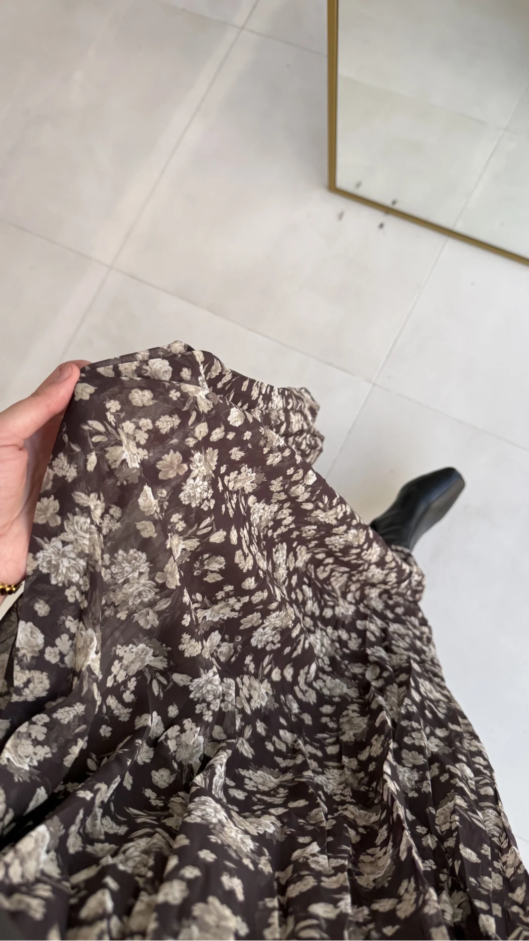 Kalın Kemerli Çiçek Desenli Şifon Etek - Haki