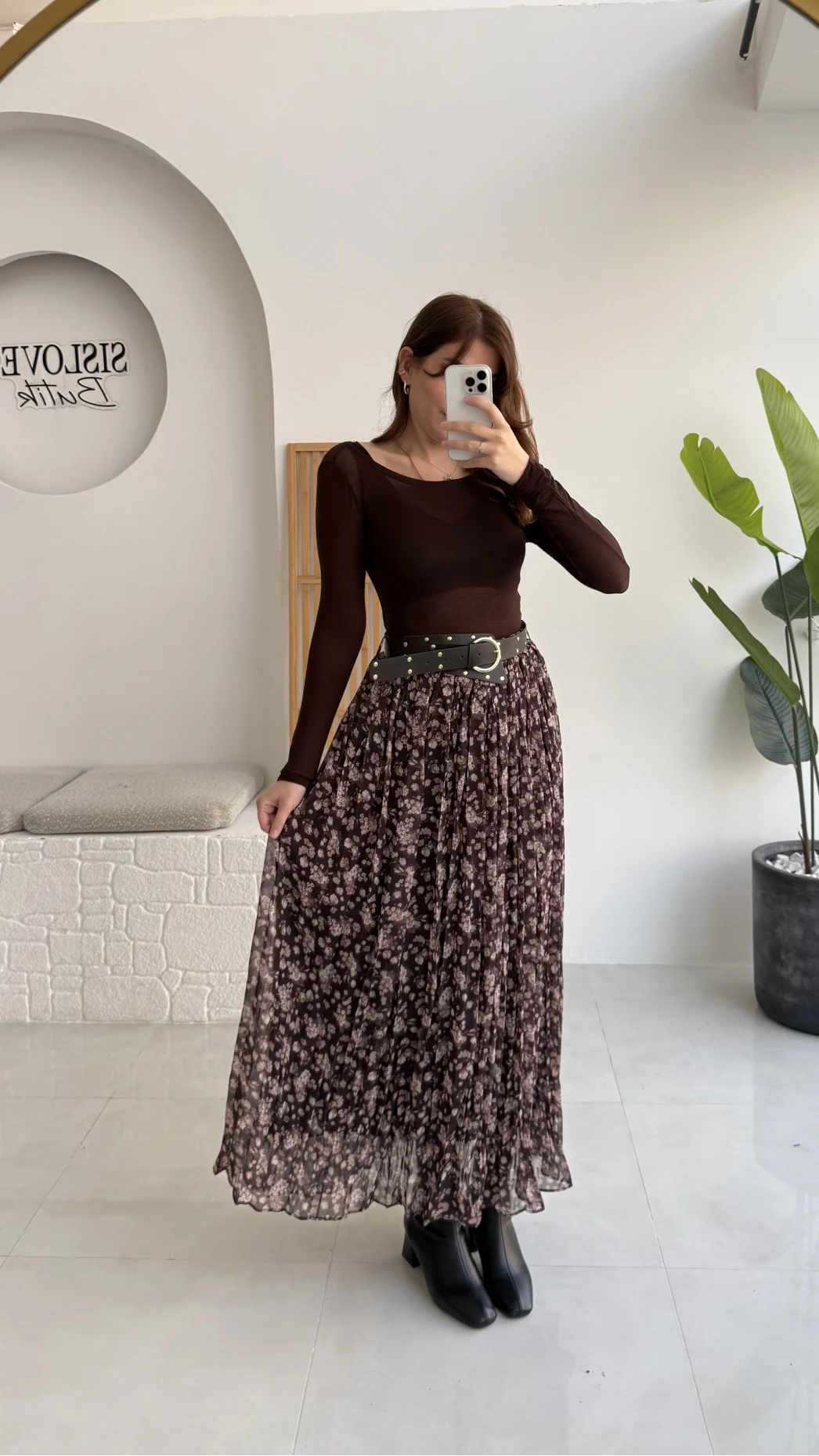 Kalın Kemerli Çiçek Desenli Şifon Etek - Kahverengi