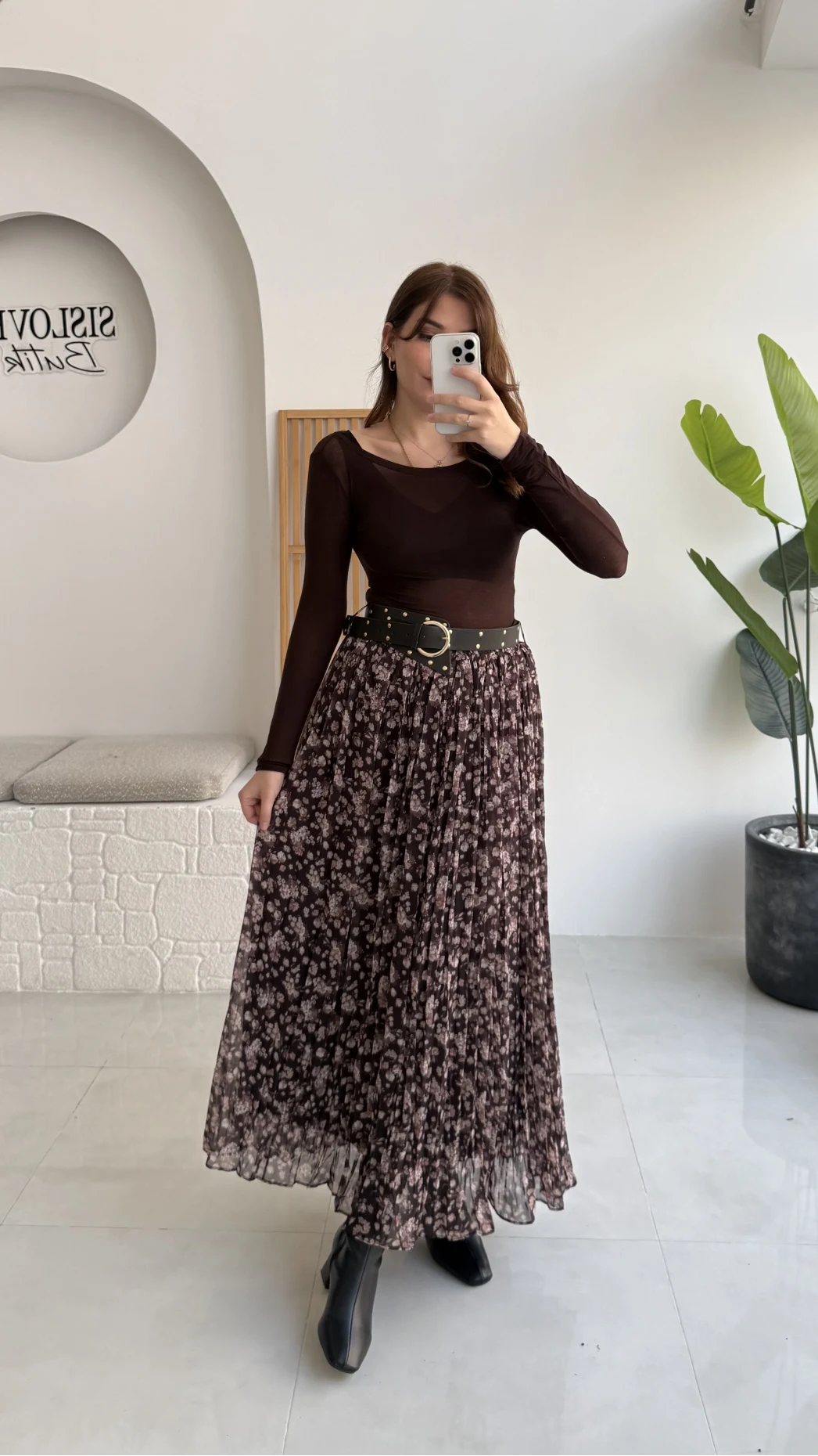 Kalın Kemerli Çiçek Desenli Şifon Etek - Kahverengi