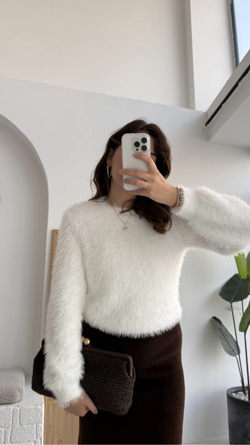 Kalina Bisiklet Yaka Tüylü Yumoş Kazak - Beyaz