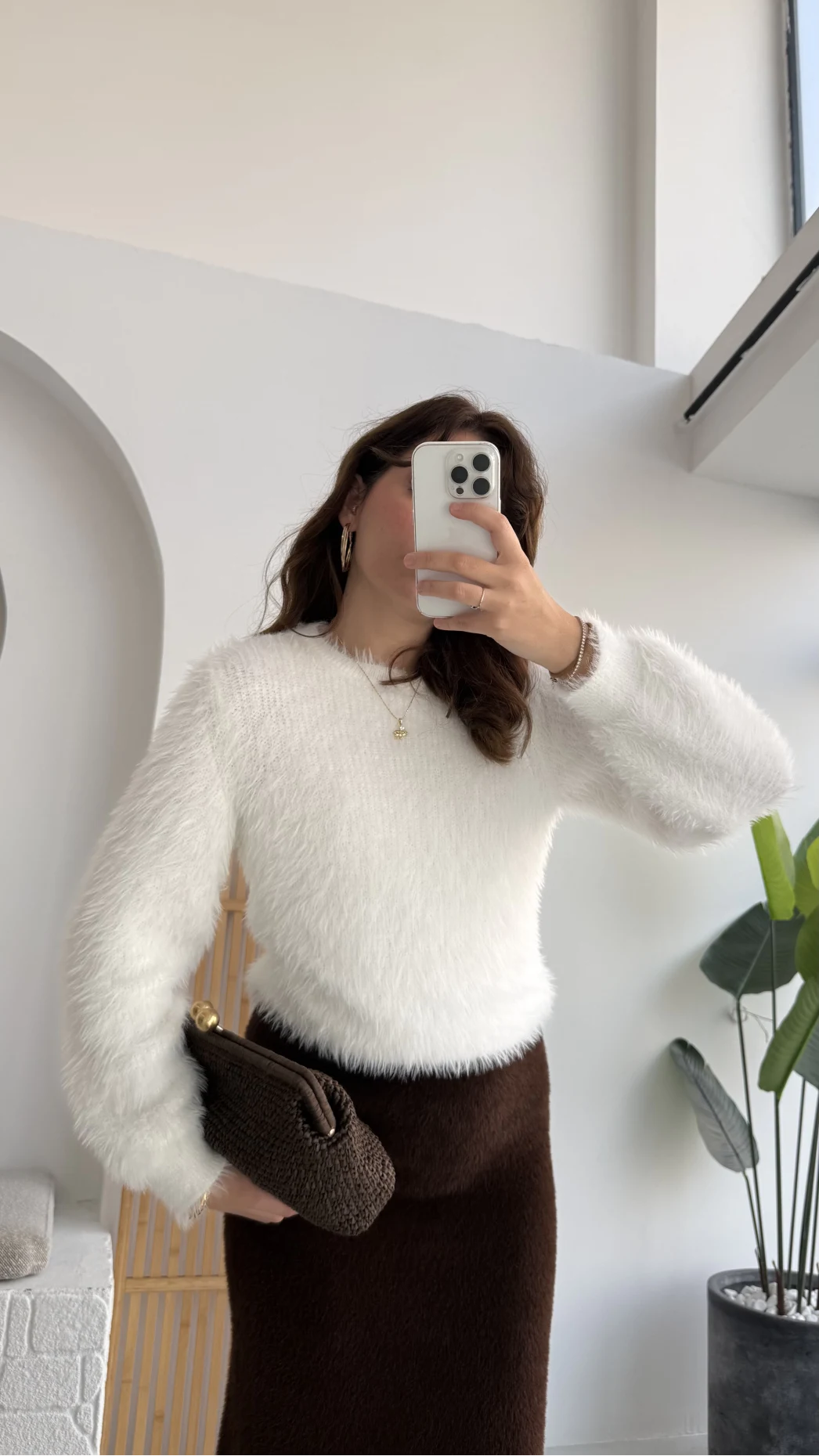 Kalina Bisiklet Yaka Tüylü Yumoş Kazak - Beyaz