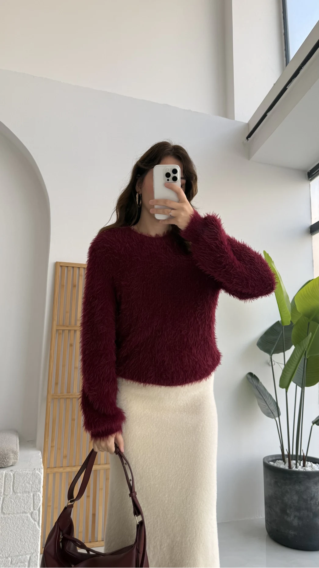 Kalina Bisiklet Yaka Tüylü Yumoş Kazak - Bordo