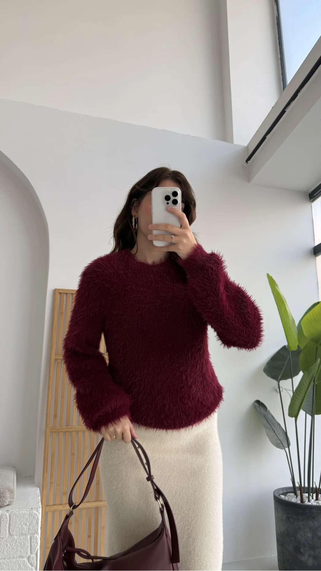 Kalina Bisiklet Yaka Tüylü Yumoş Kazak - Bordo