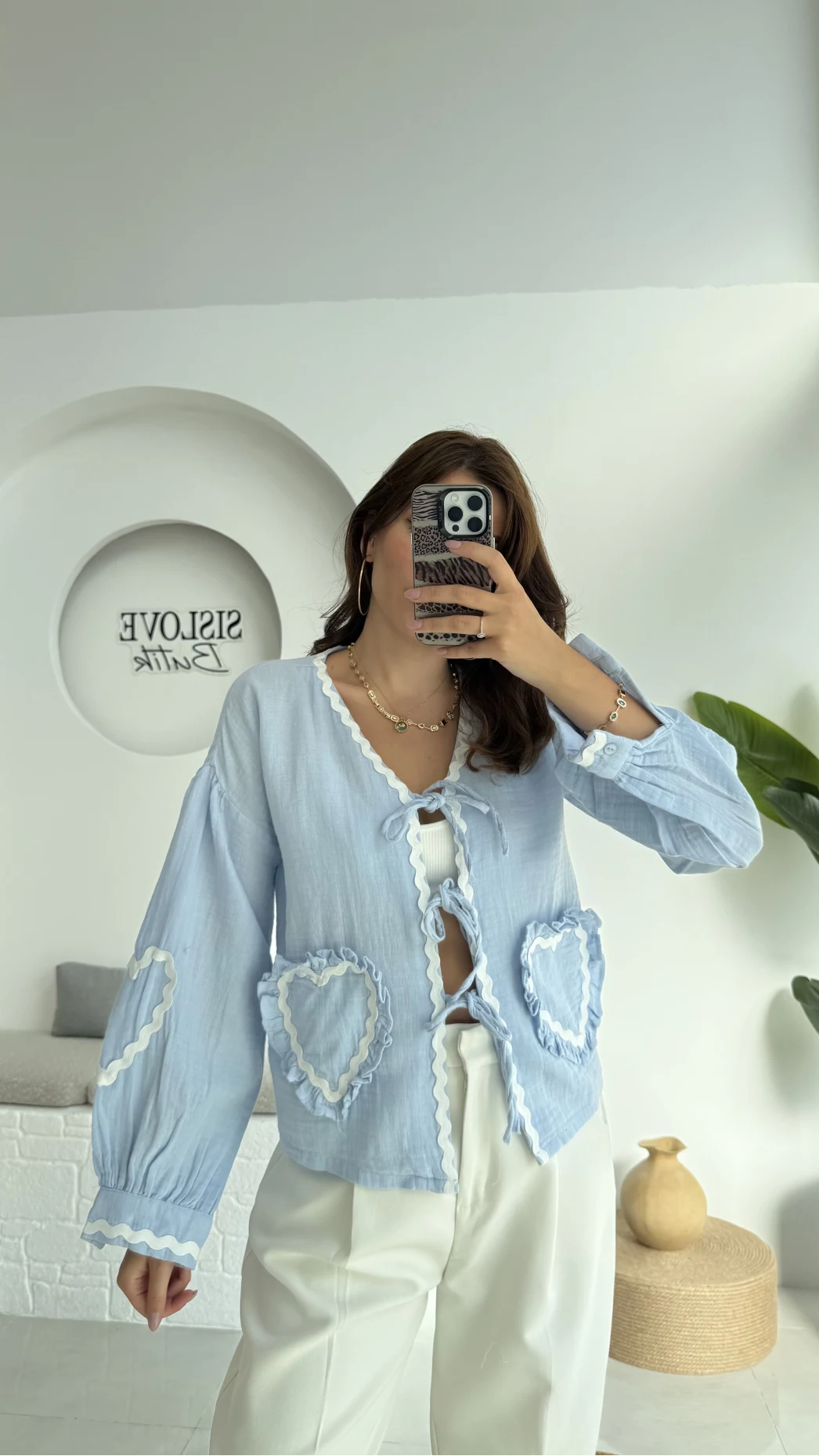 Kalp İşlemeli Pinterst Bluz - Bebe Mavisi - 1027