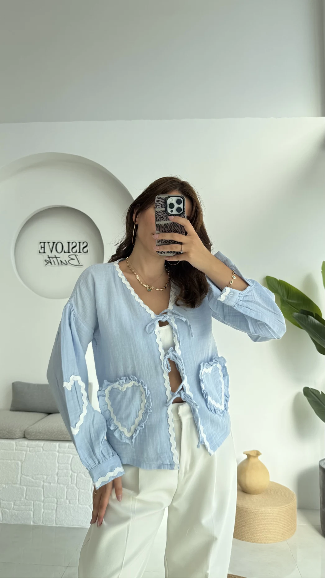 Kalp İşlemeli Pinterst Bluz - Bebe Mavisi - 1027