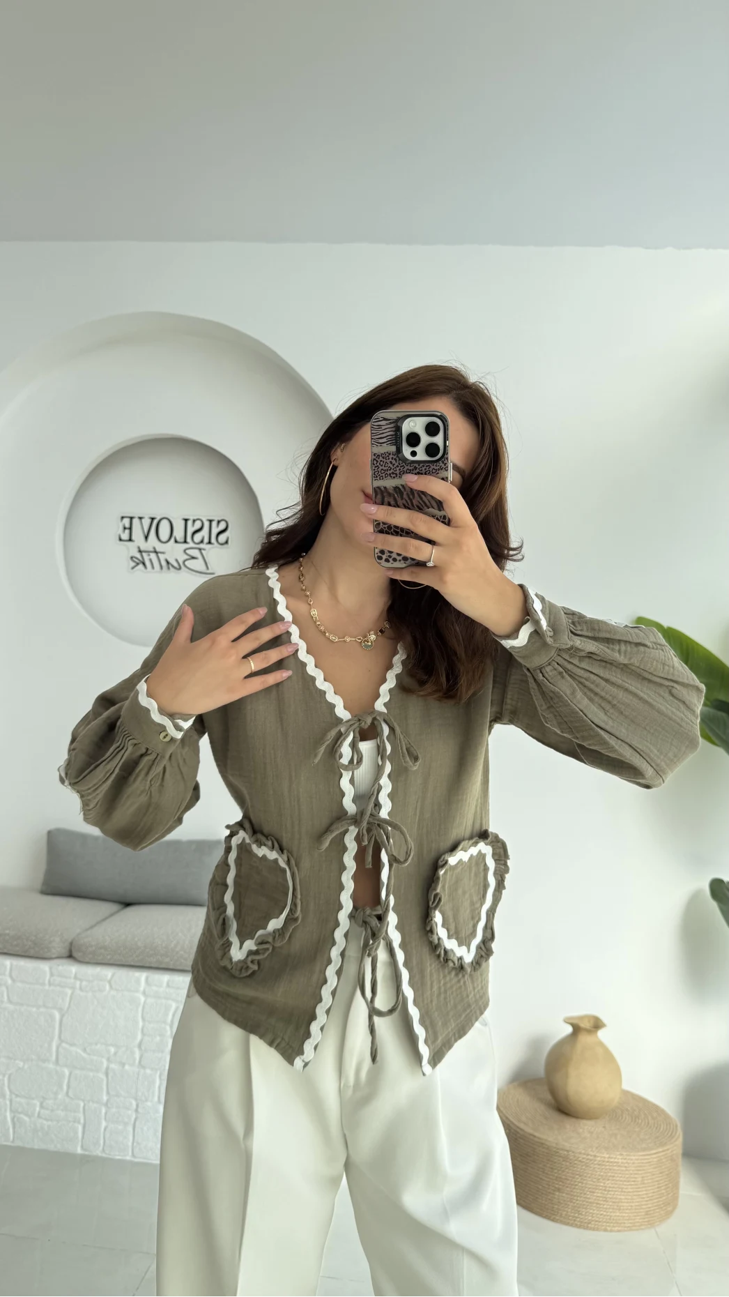 Kalp İşlemeli Pinterst Bluz - Haki - 1027