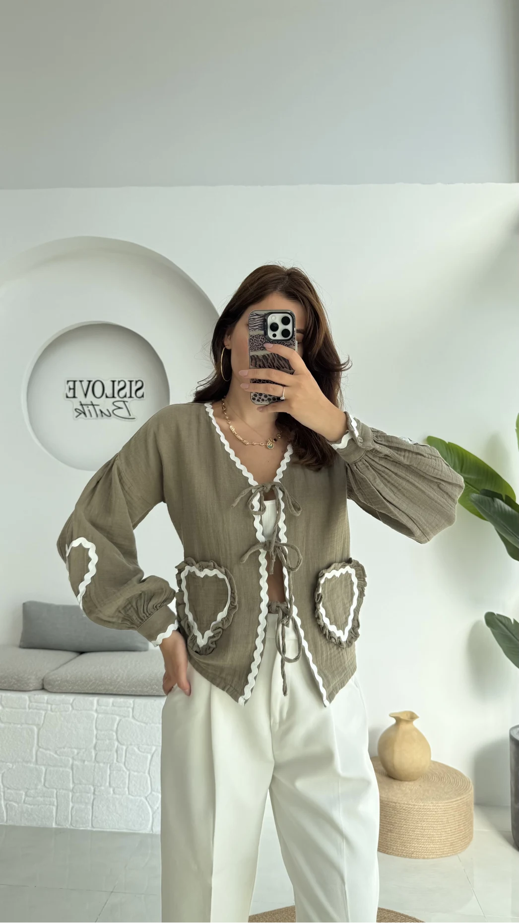 Kalp İşlemeli Pinterst Bluz - Haki - 1027