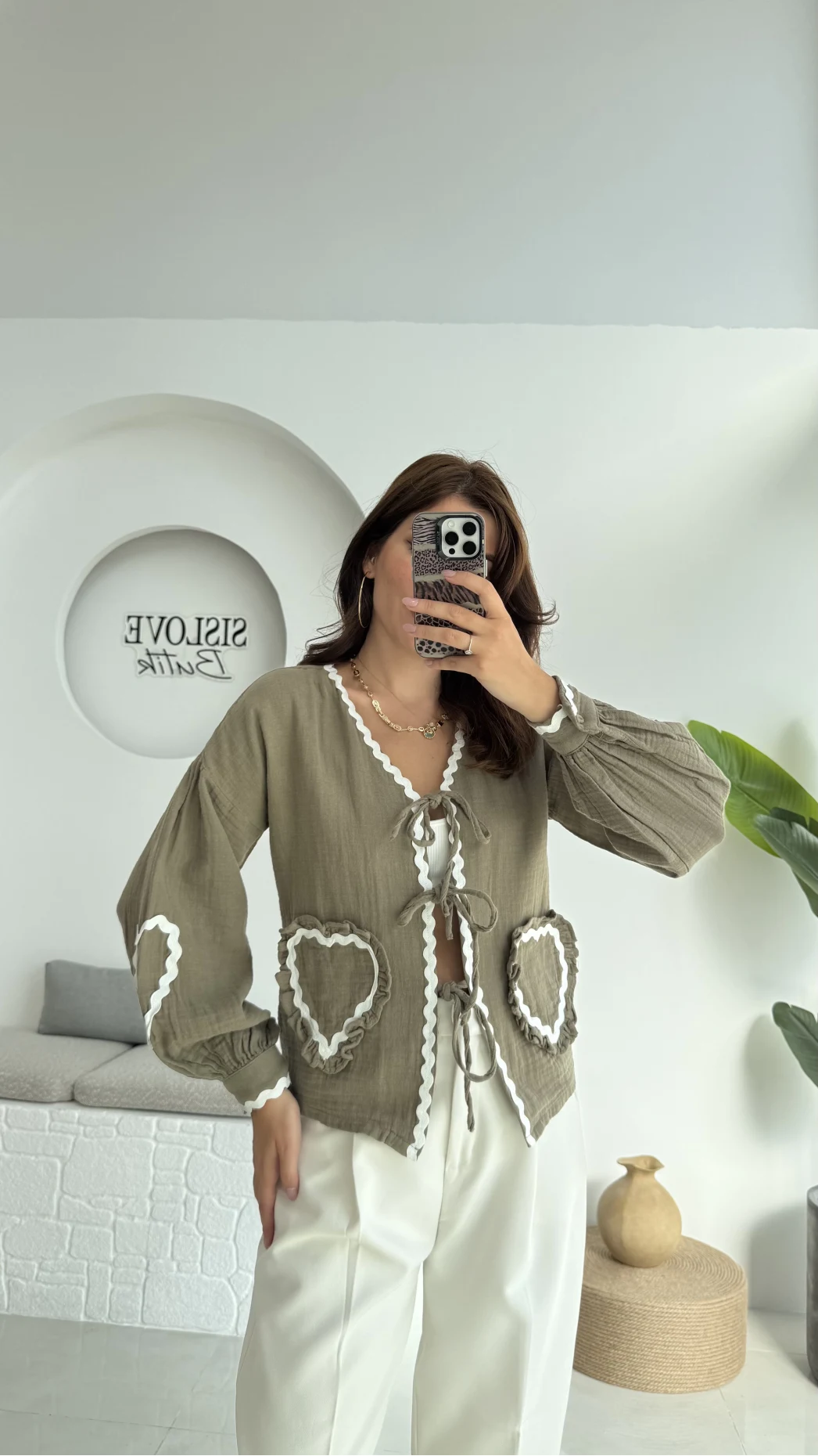 Kalp İşlemeli Pinterst Bluz - Haki - 1027