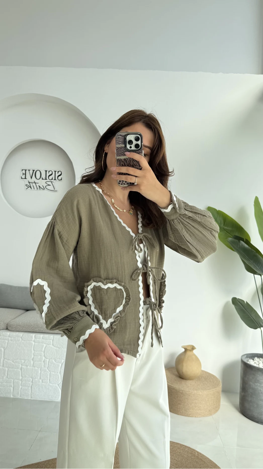 Kalp İşlemeli Pinterst Bluz - Haki - 1027