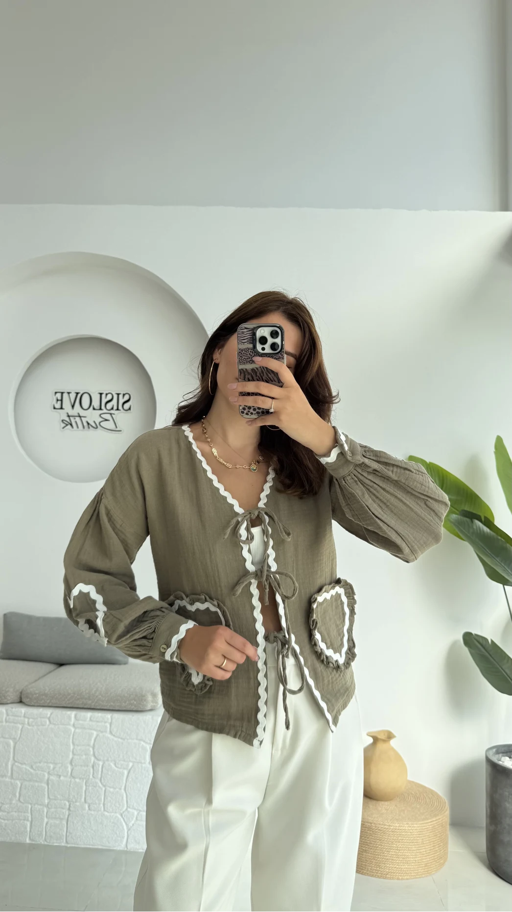 Kalp İşlemeli Pinterst Bluz - Haki - 1027