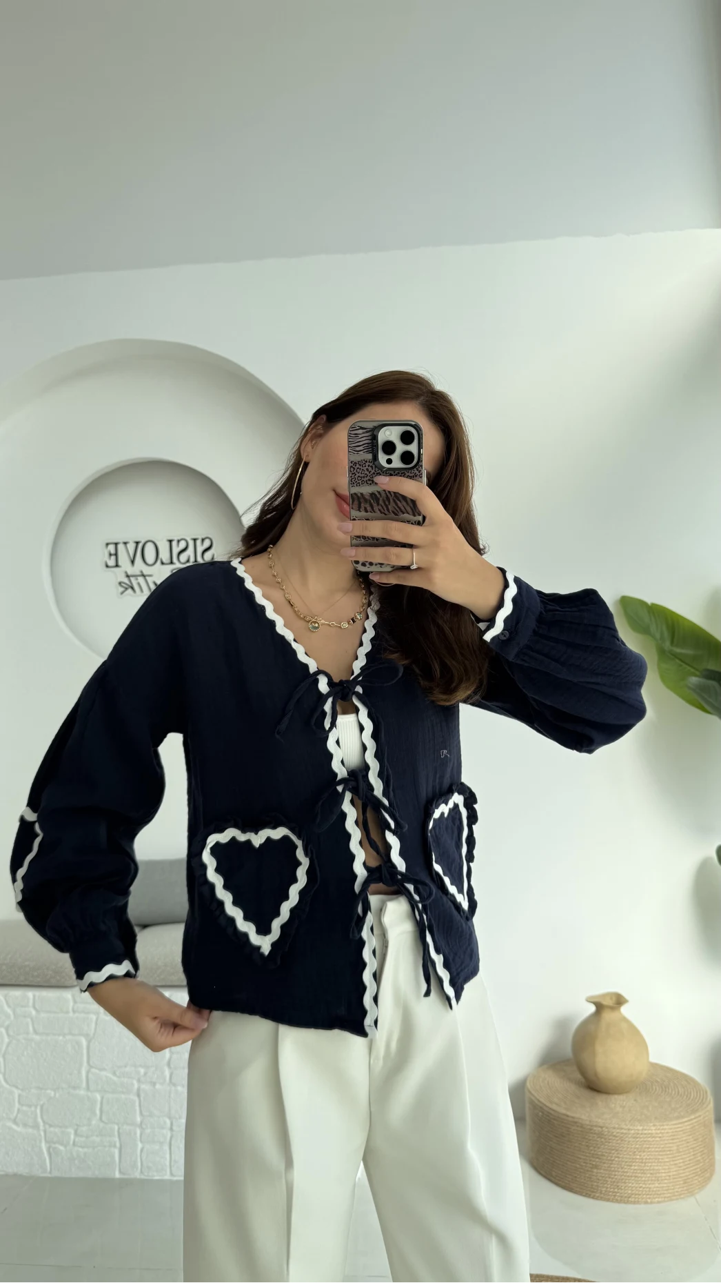 Kalp İşlemeli Pinterst Bluz - Lacivert - 1027