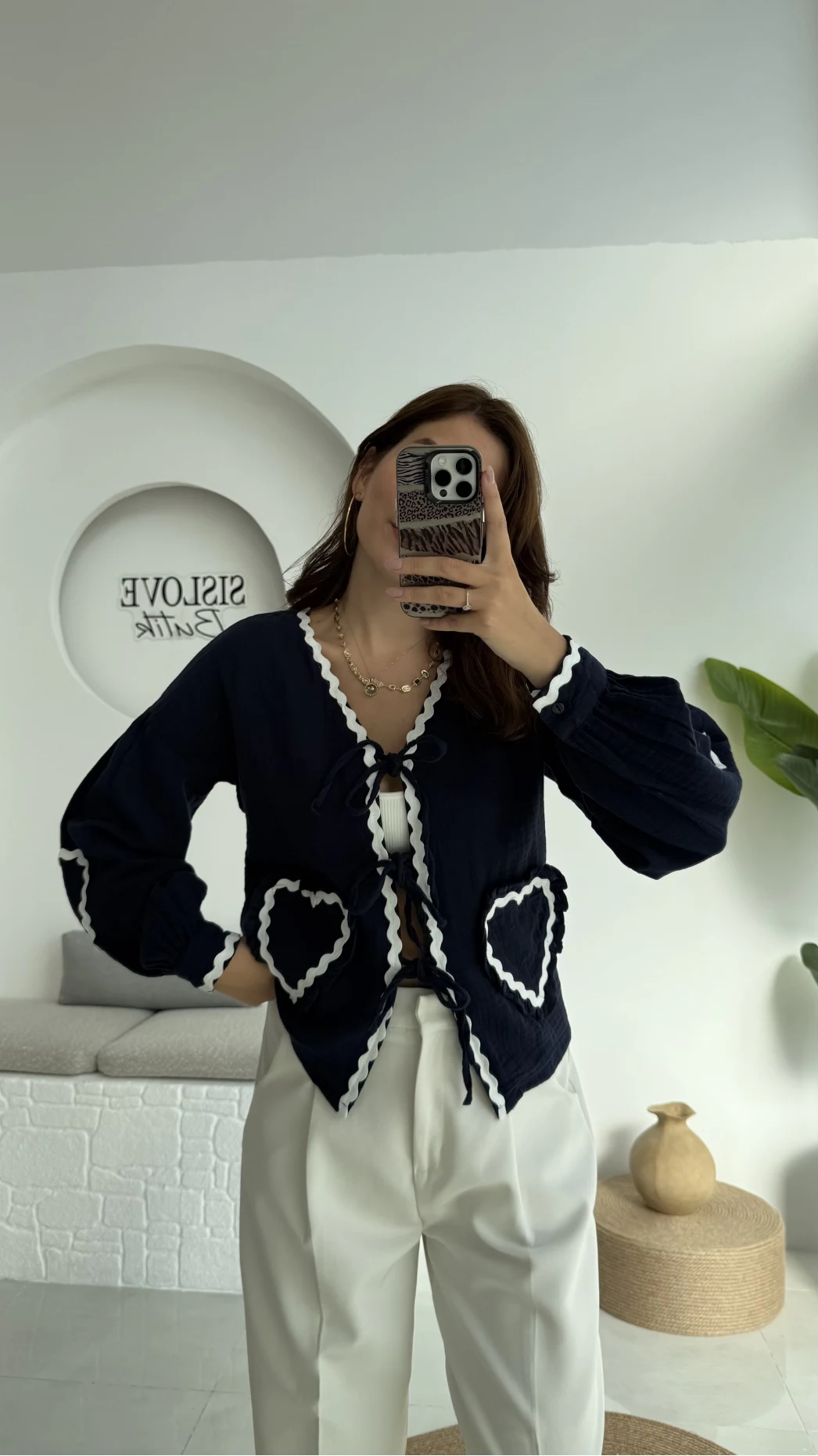 Kalp İşlemeli Pinterst Bluz - Lacivert - 1027