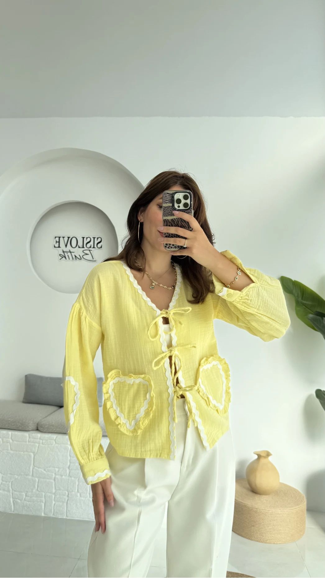 Kalp İşlemeli Pinterst Bluz - Sarı - 1027