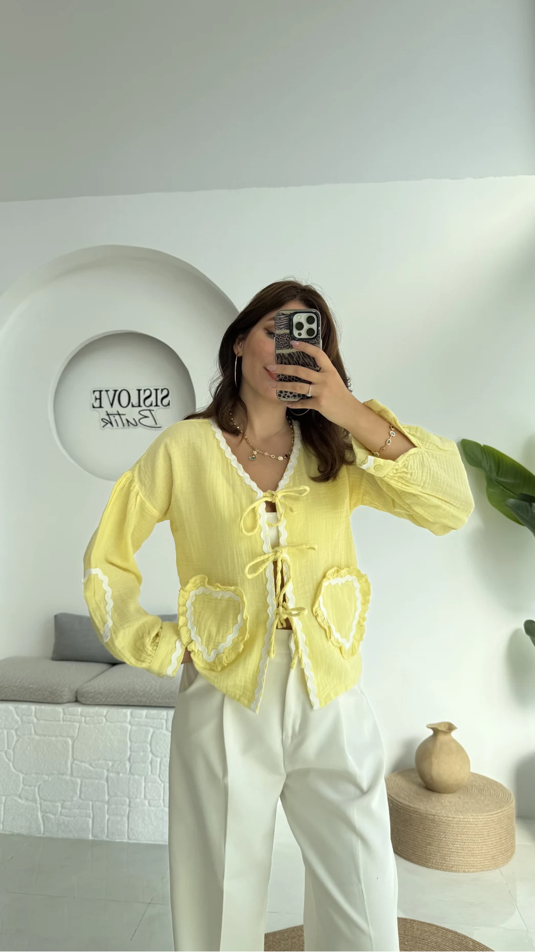 Kalp İşlemeli Pinterst Bluz - Sarı - 1027