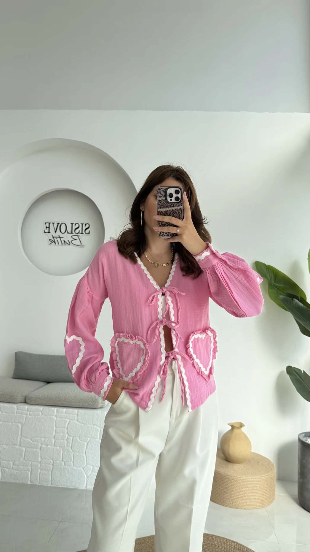 Kalp İşlemeli Pinterst Bluz - Şeker Pembesi - 1027