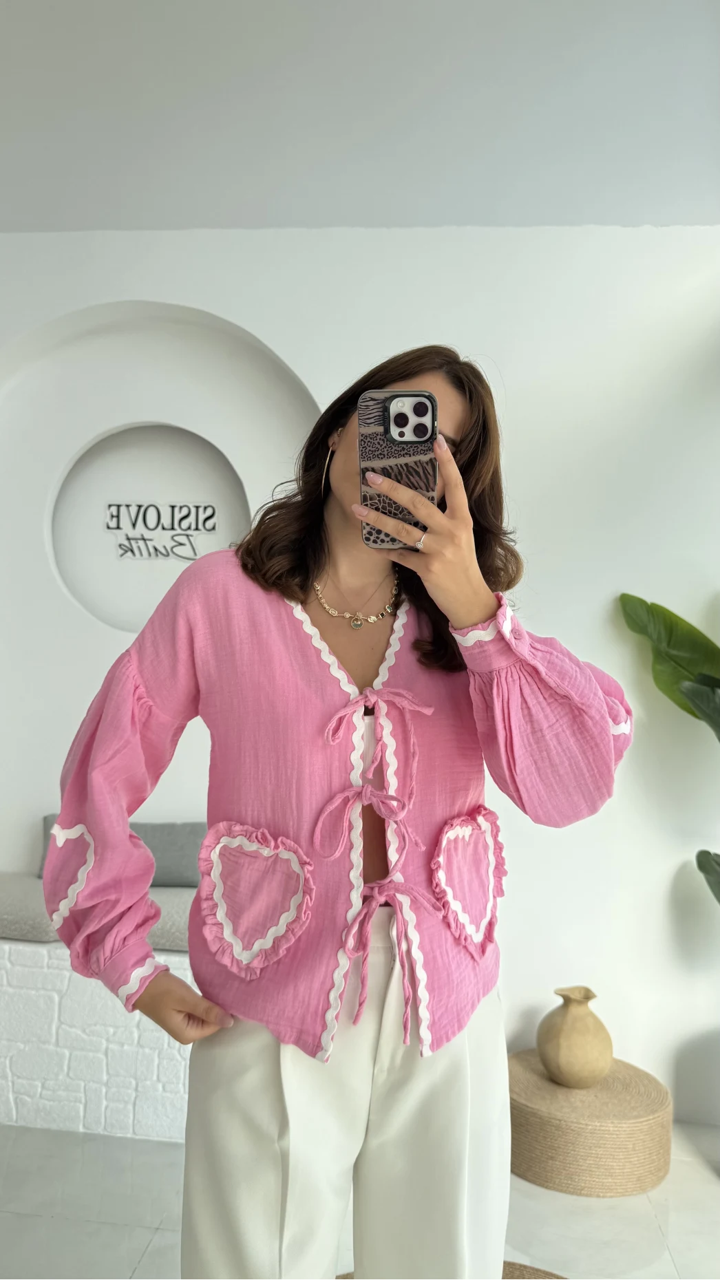 Kalp İşlemeli Pinterst Bluz - Şeker Pembesi - 1027