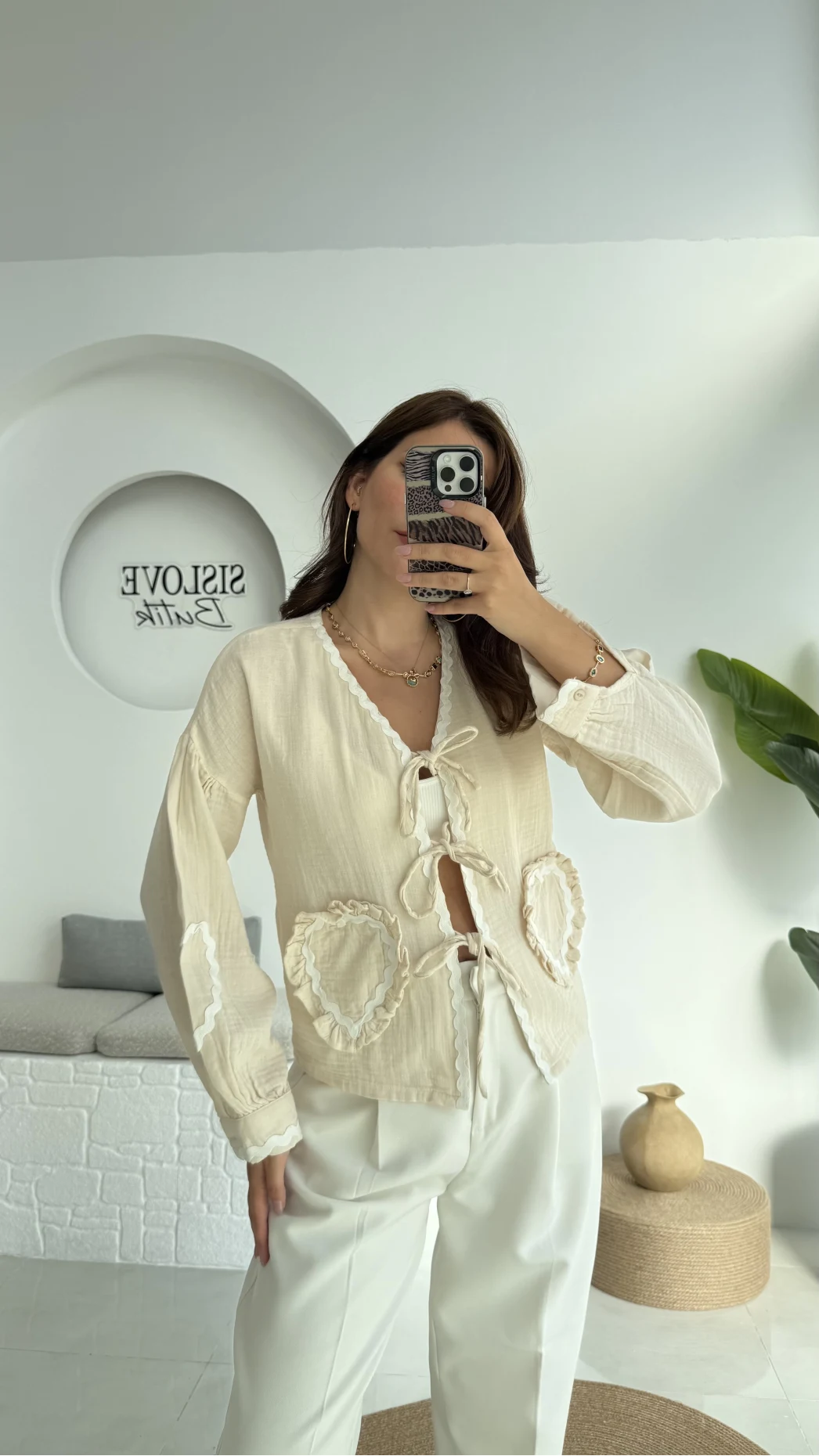 Kalp İşlemeli Pinterst Bluz - Taş - 1027