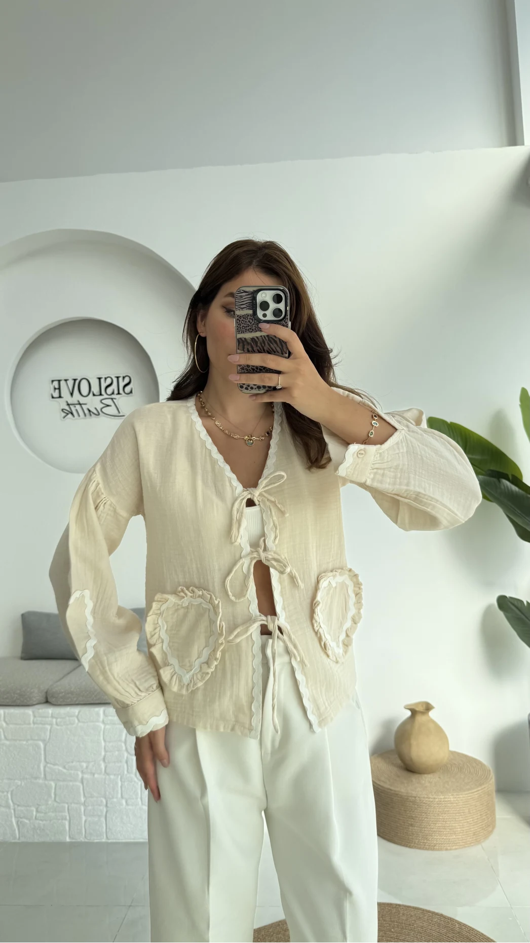 Kalp İşlemeli Pinterst Bluz - Taş - 1027