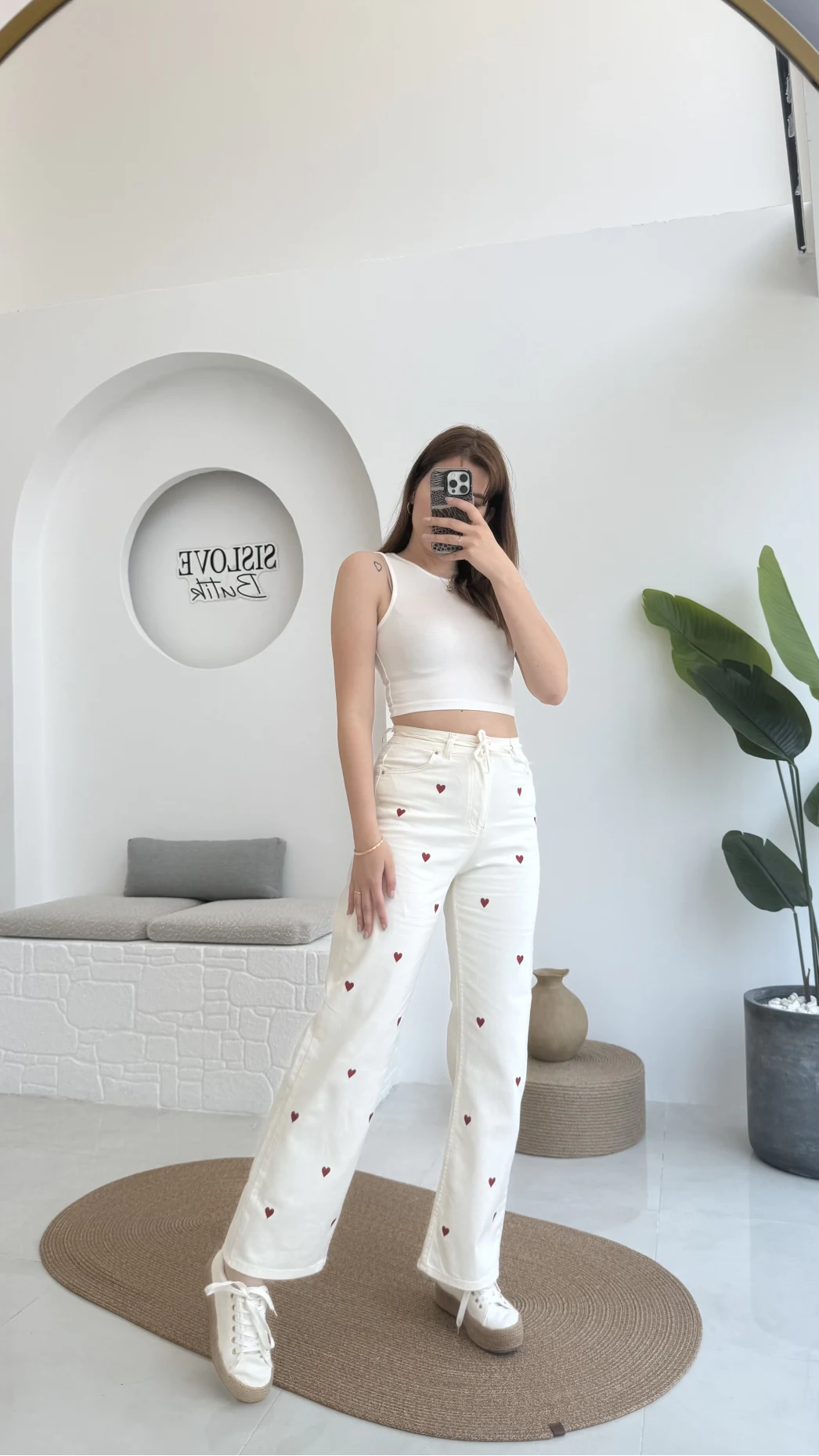 Kalpli Bağcıklı Kot Pantolon Krem