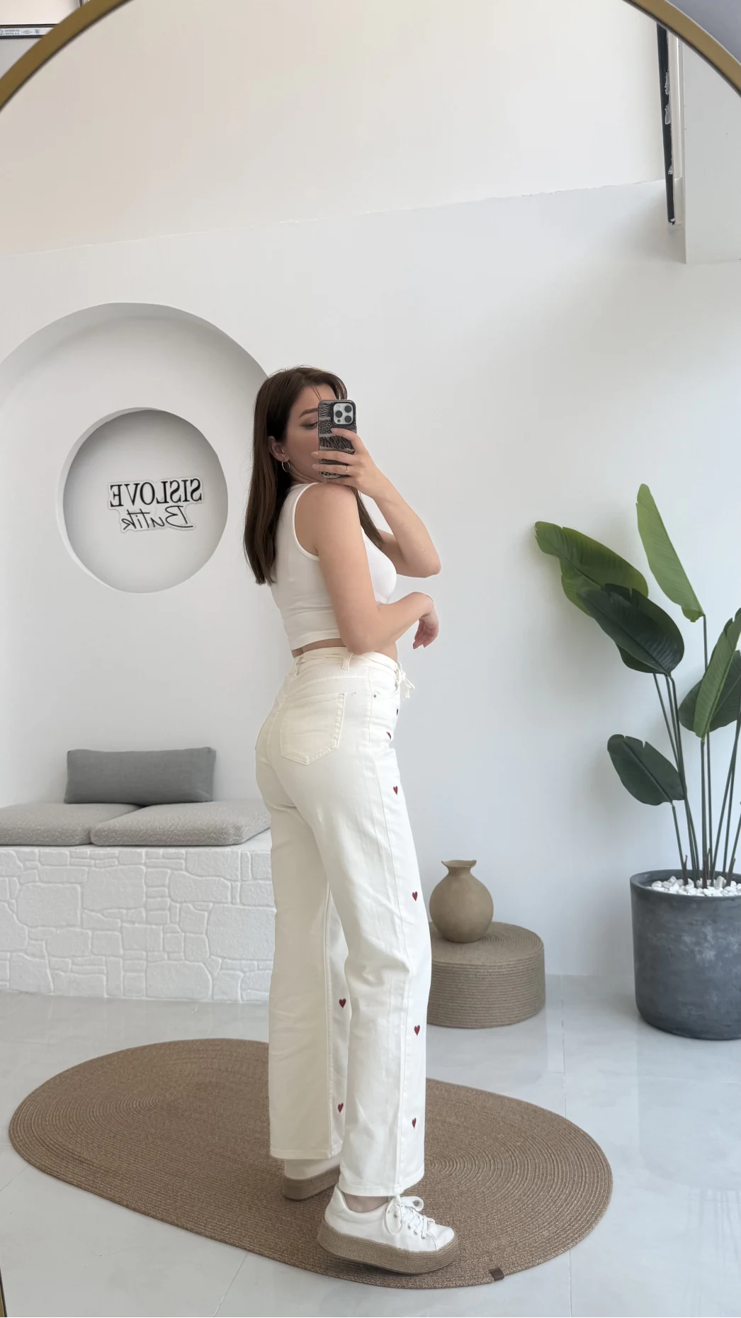 Kalpli Bağcıklı Kot Pantolon Krem