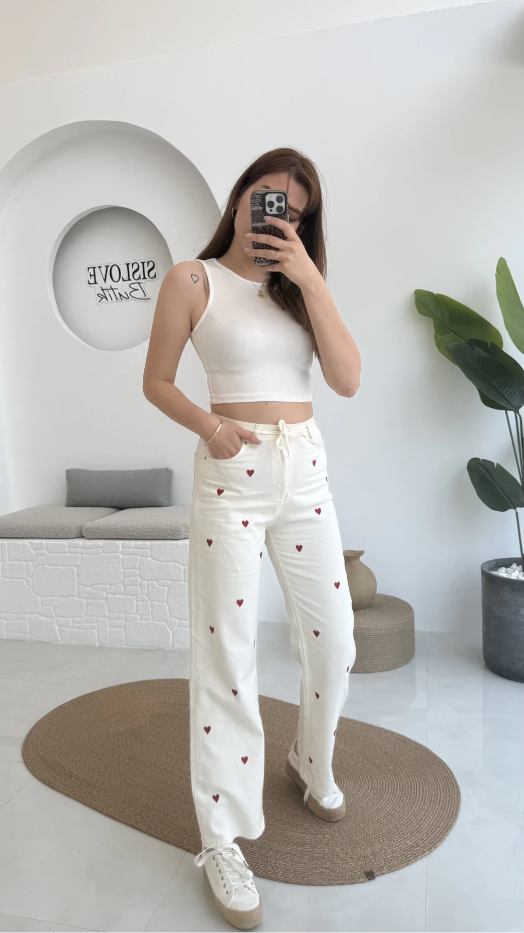 Kalpli Bağcıklı Kot Pantolon Krem