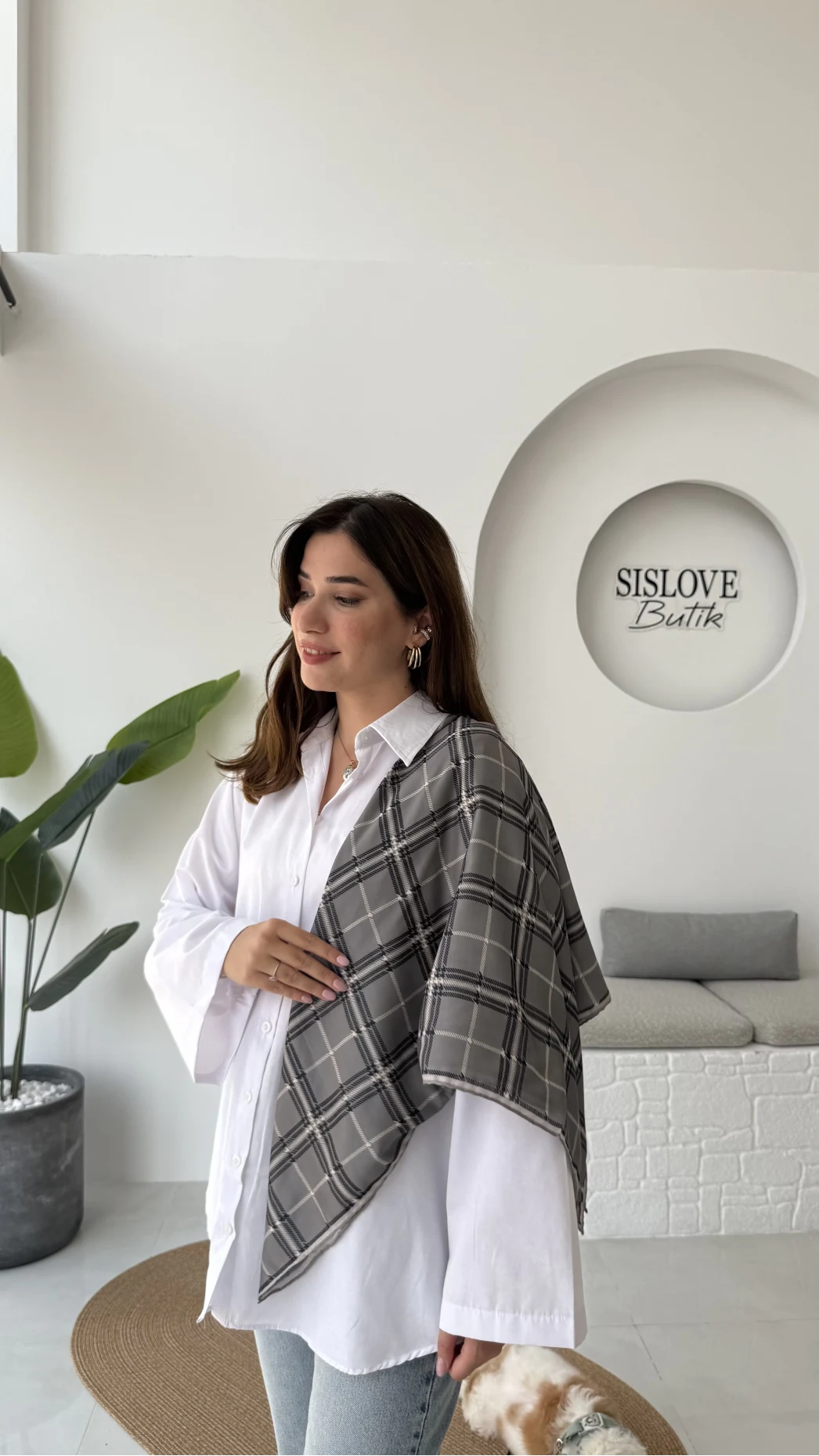 Kare Desenli Gri Fular/Eşarp