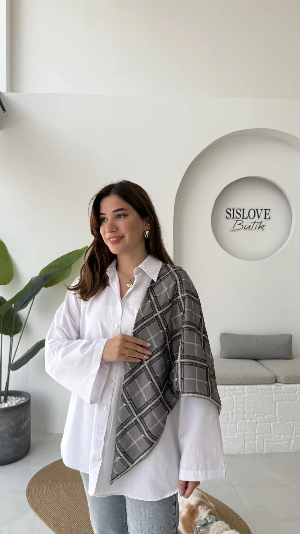 Kare Desenli Gri Fular/Eşarp