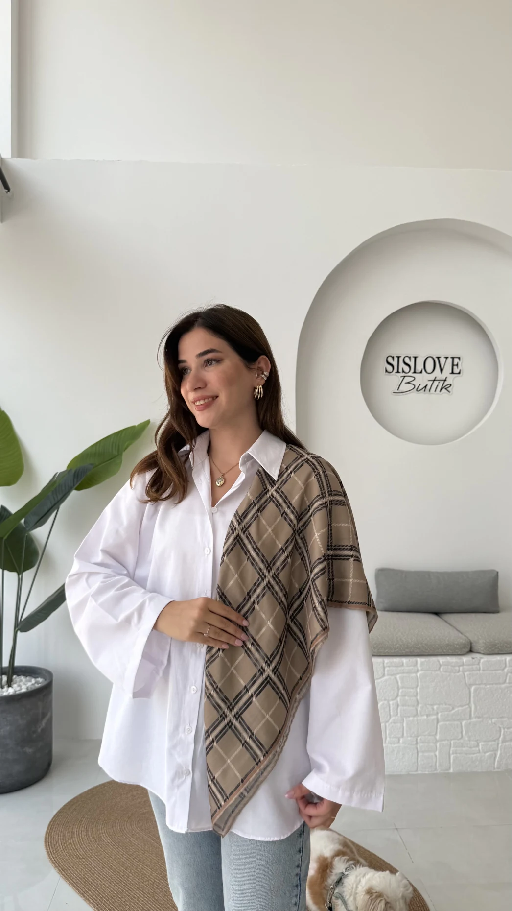 Kare Desenli Sütlü Kahve Fular/Eşarp