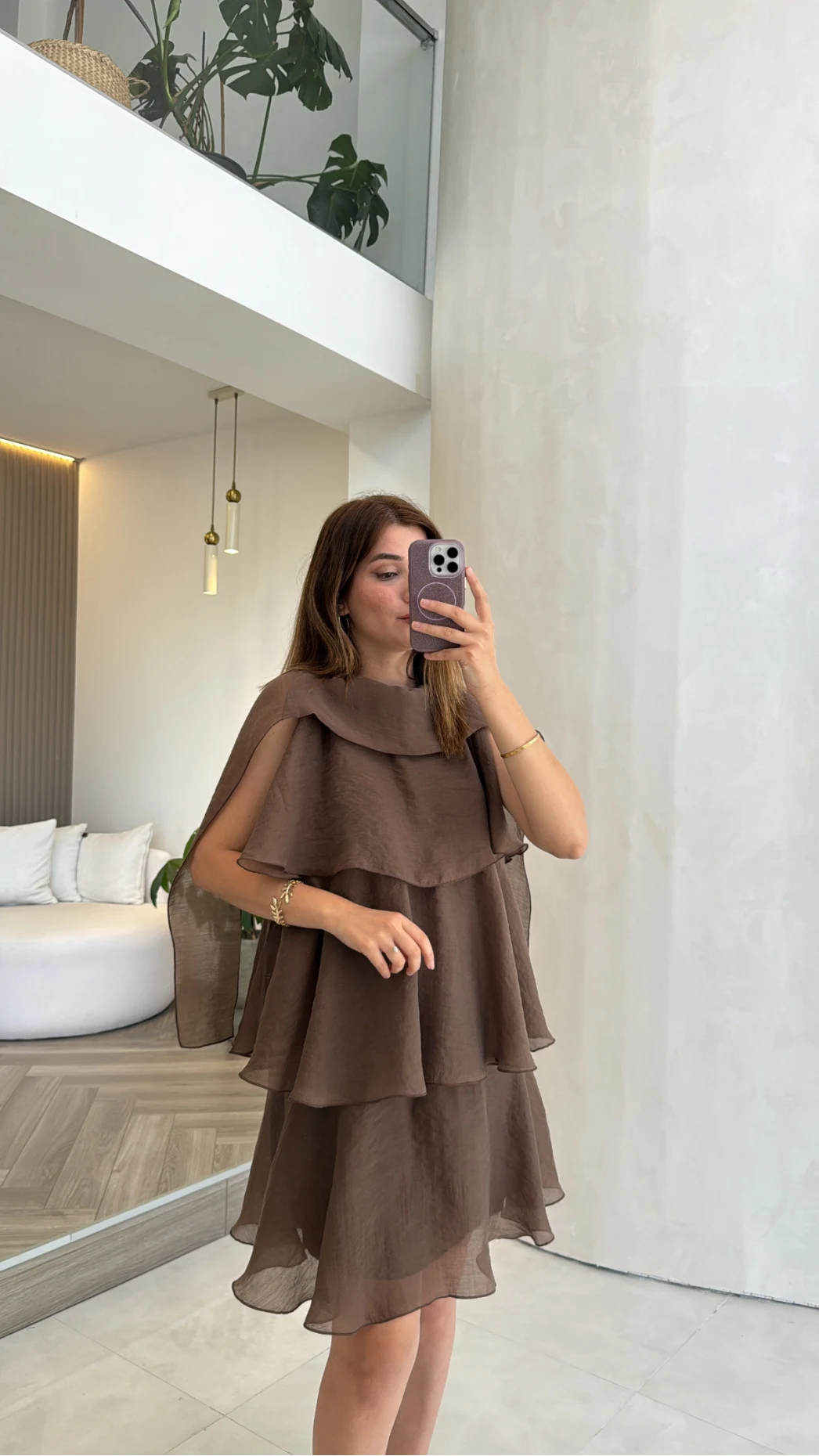 Kat Kat Pelerin Mini Elbise - Kahverengi - Kod: 3452