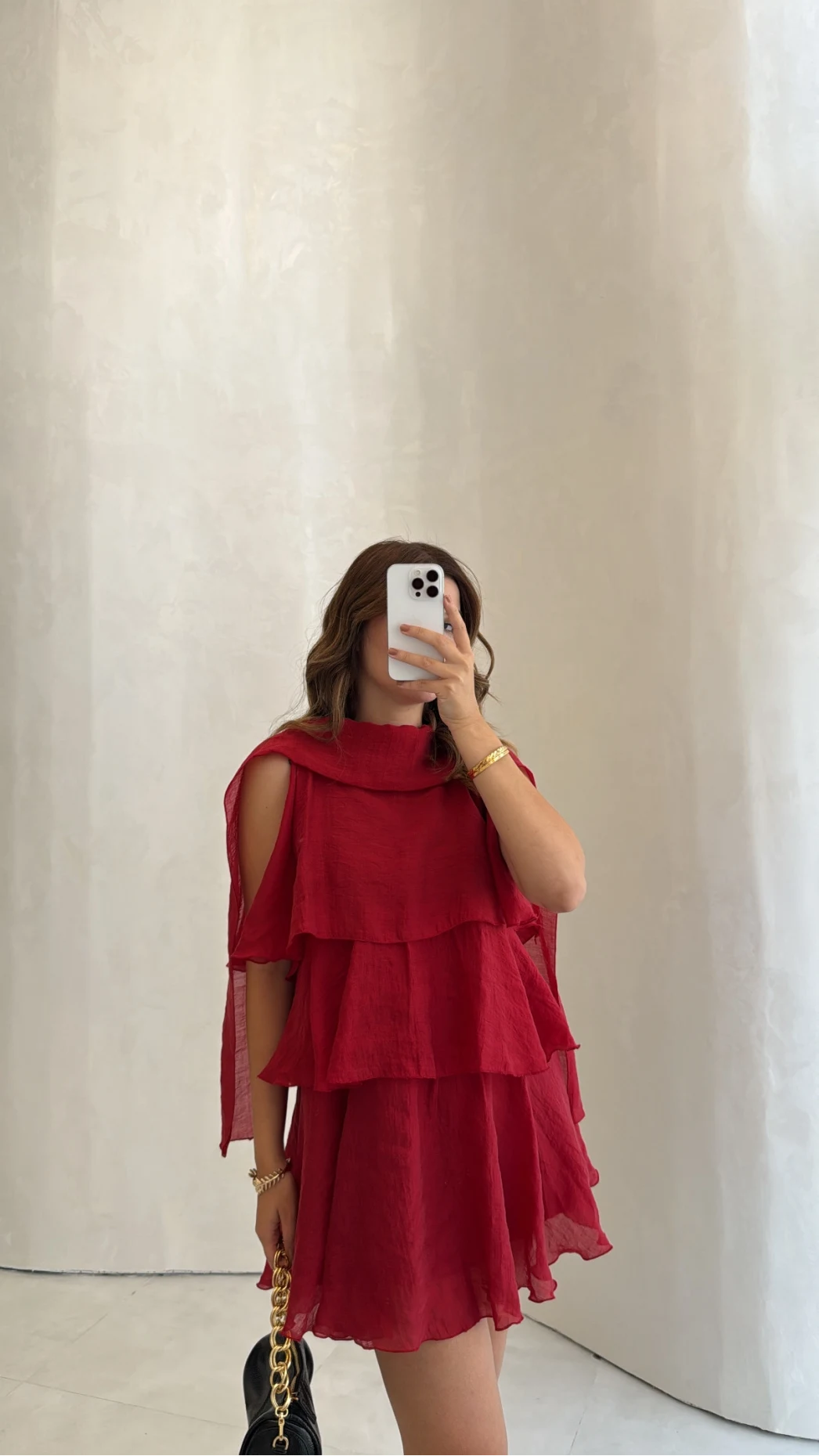 Kat Kat Pelerin Mini Elbise - Kırmızı - Kod: 3452