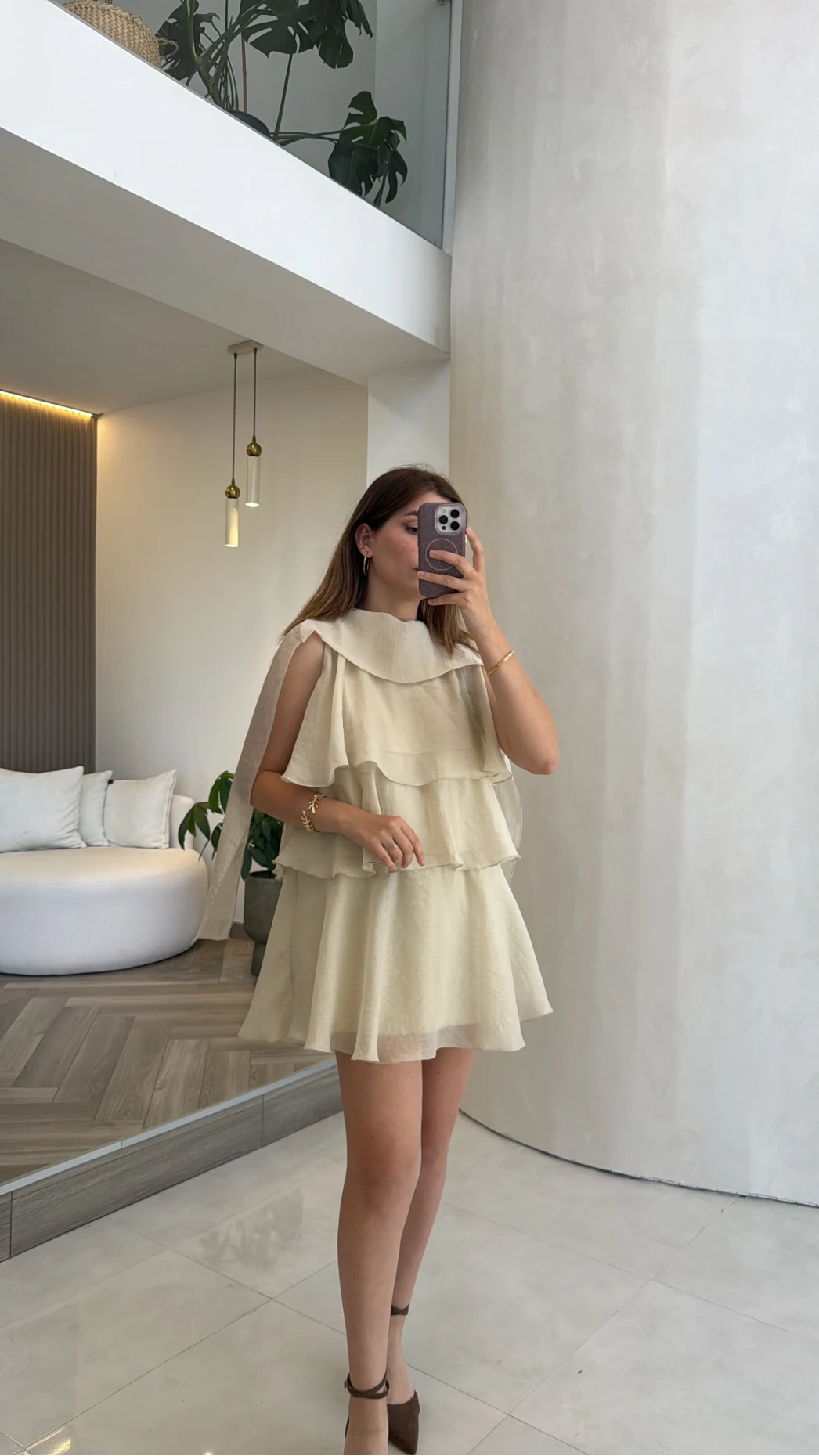 Kat Kat Pelerin Mini Elbise - Taş - Kod: 3452