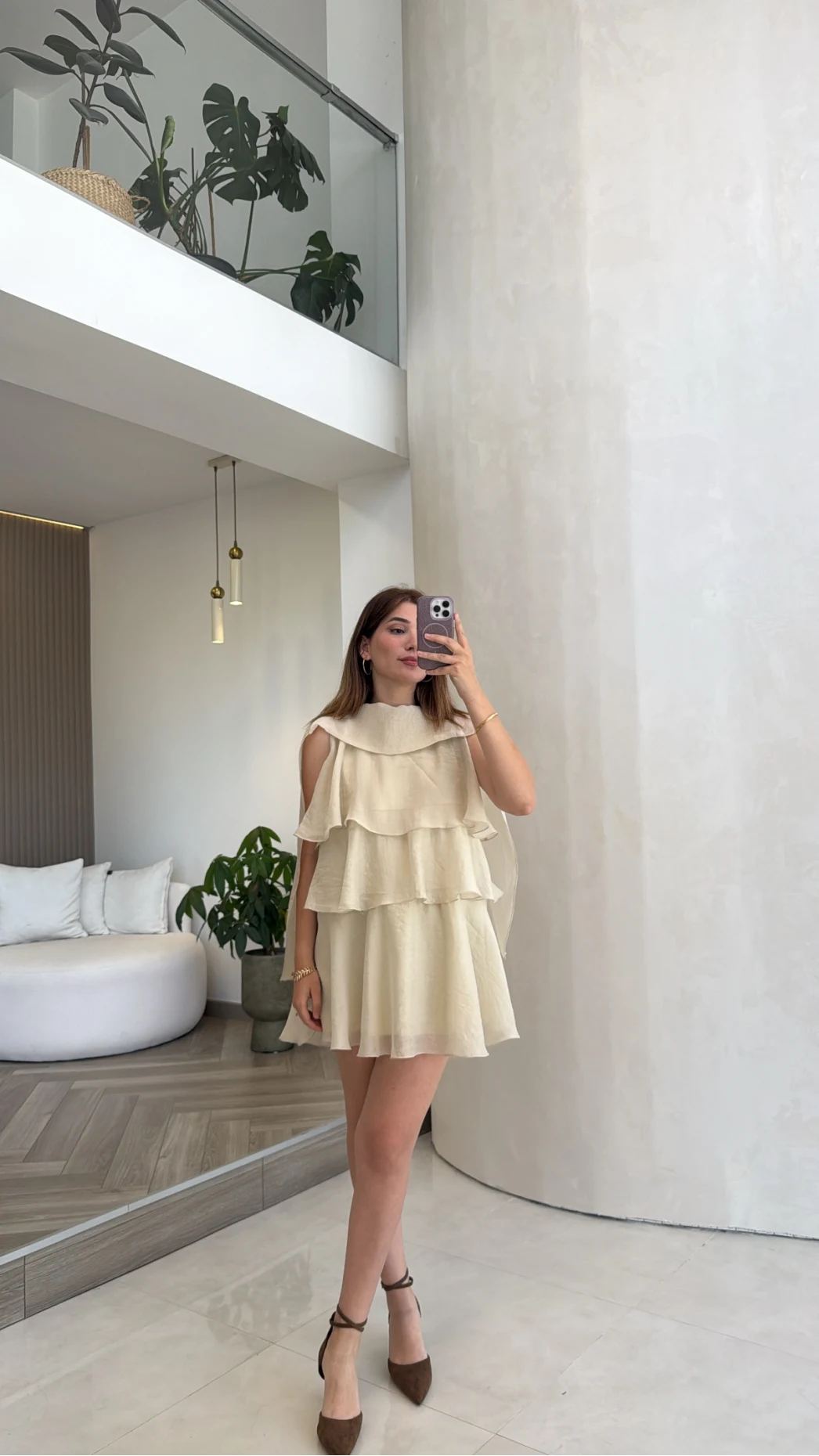 Kat Kat Pelerin Mini Elbise - Taş - Kod: 3452