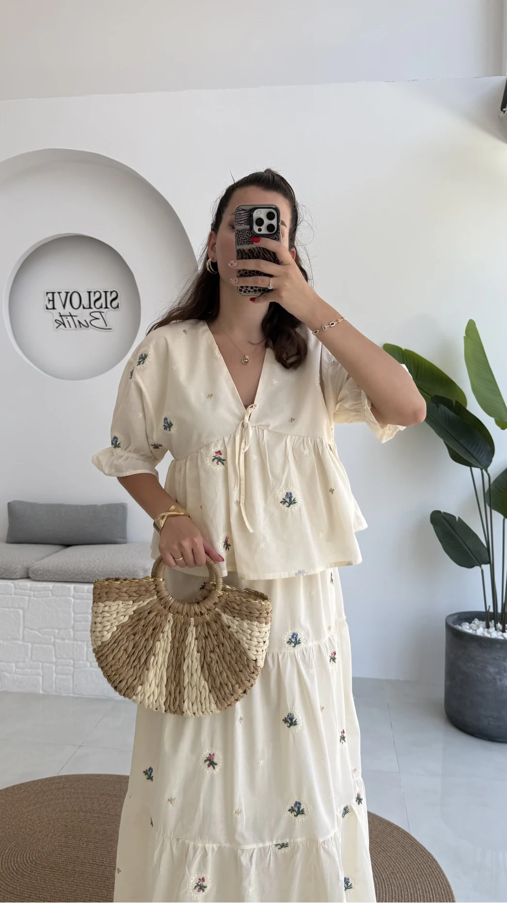 Kath Çiçek İşlemeli Bluz Etek Takım - Taş - 1042 - 5032