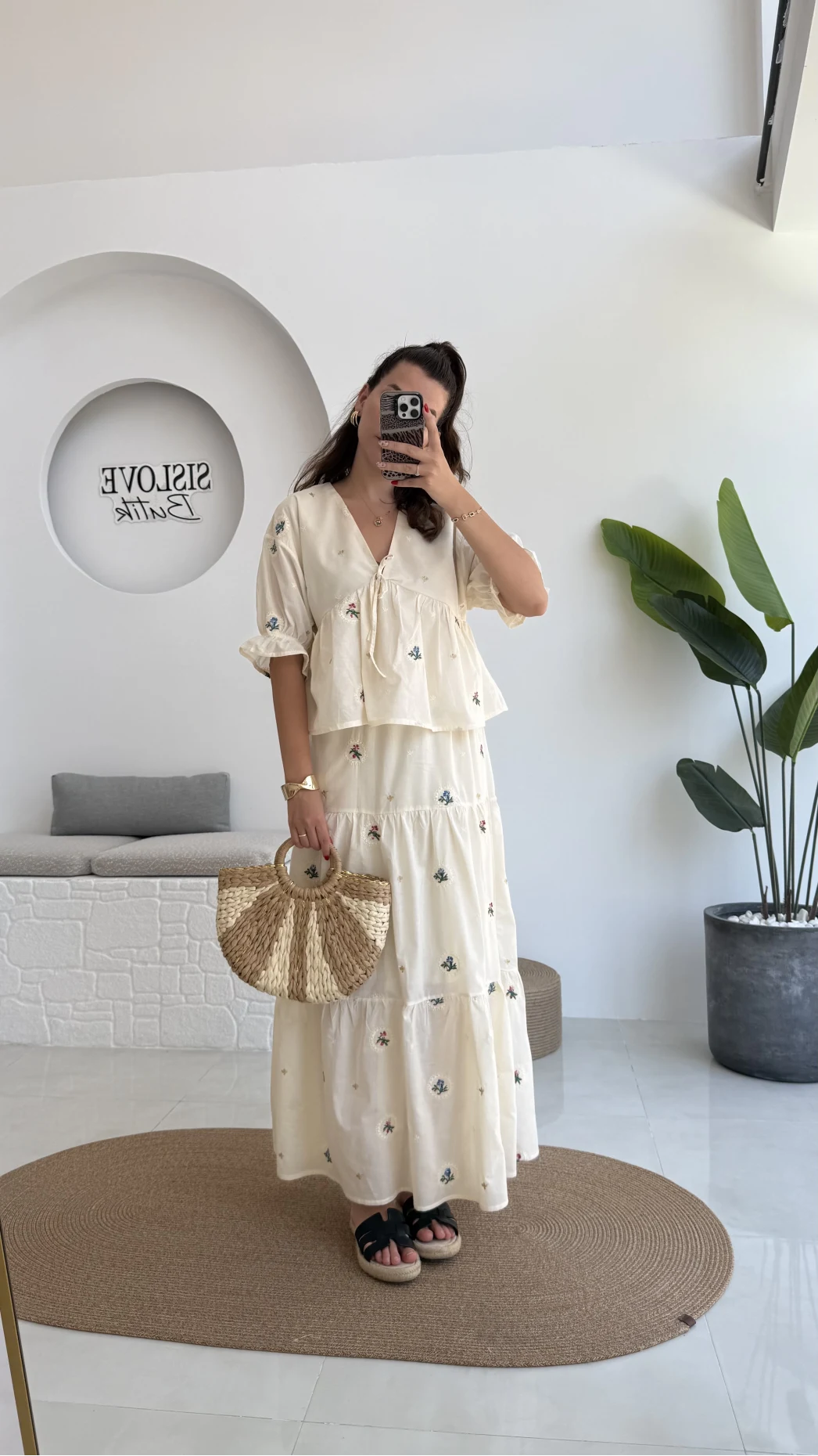Kath Çiçek İşlemeli Bluz Etek Takım - Taş - 1042 - 5032