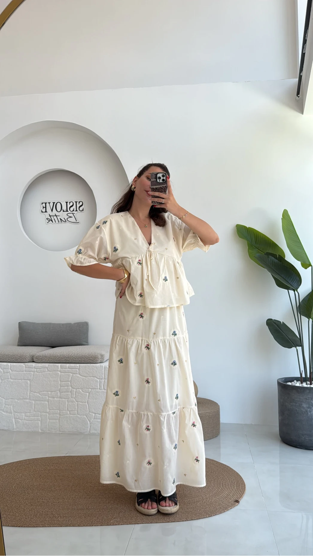 Kath Çiçek İşlemeli Bluz Etek Takım - Taş - 1042 - 5032